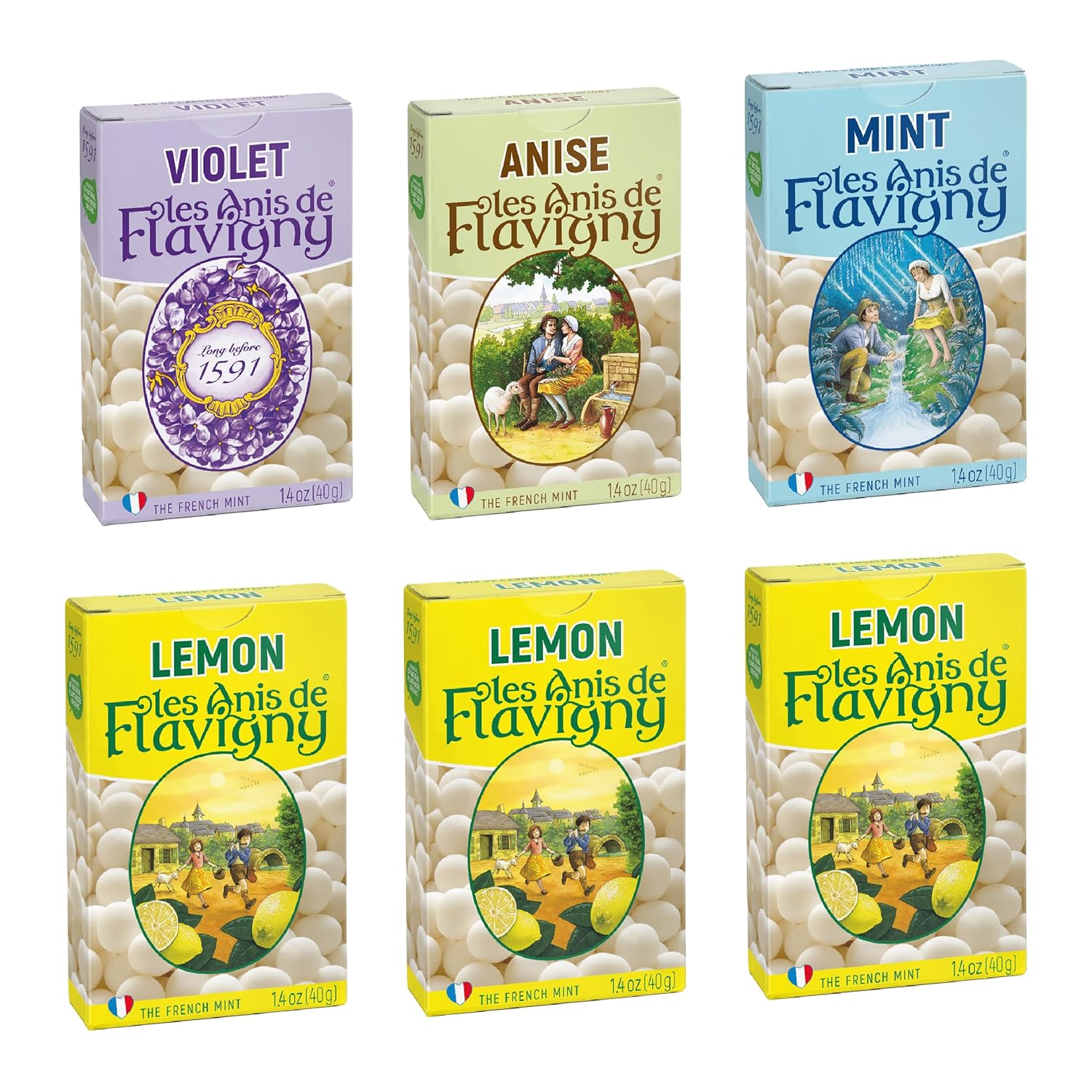 Les Anis de Flavigny Candy Mints, The French Mints, Vegan, Non-GMO, Made in France, Lemon Flavor, 40g Box, 8-Pack