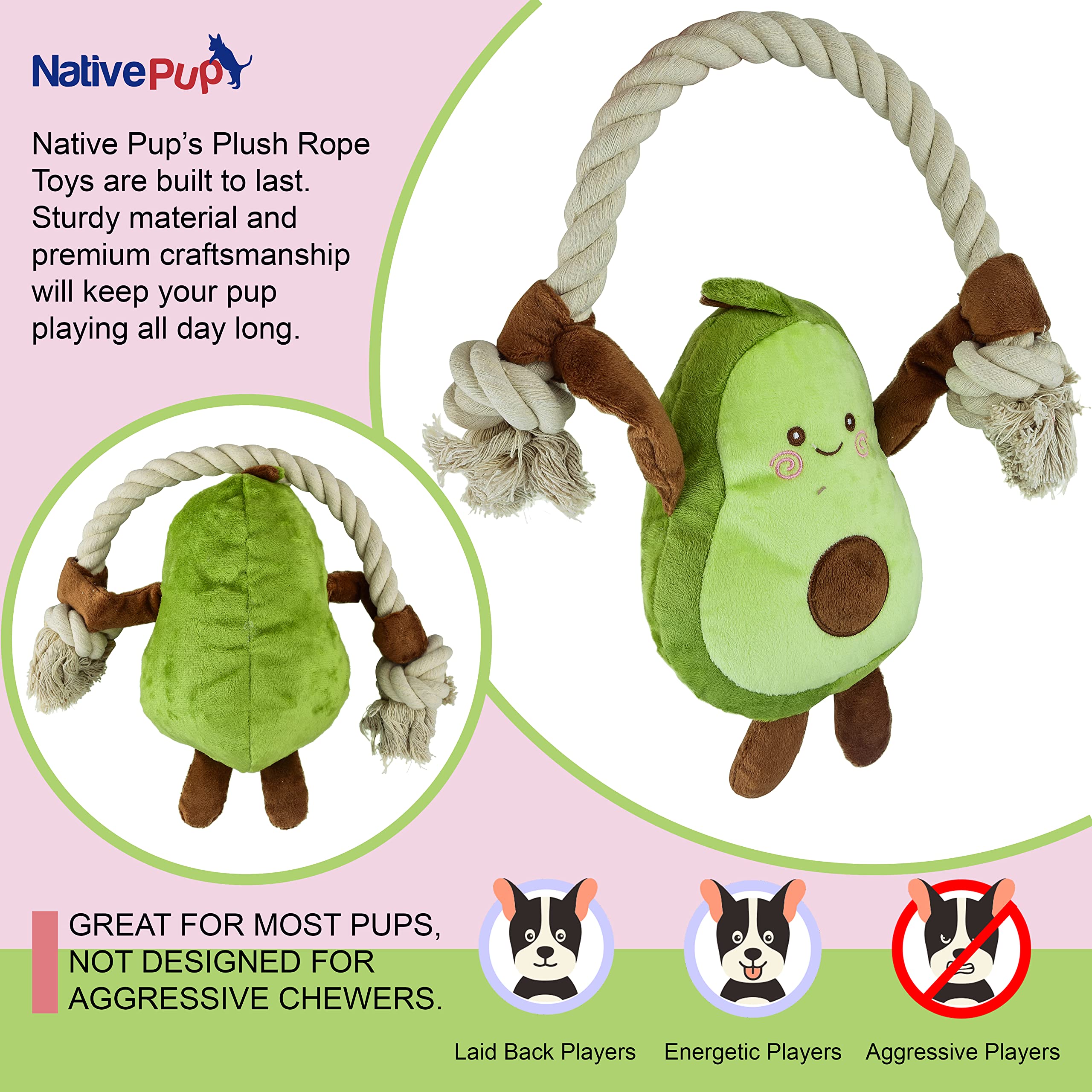 Native Pup Hundespielzeug Mit Seil & Quietscher – Lustige Motive Wie Avocado, Kuh, Hai & Mehr