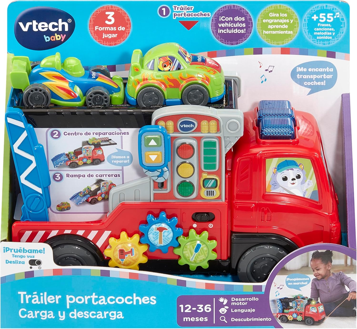 VTech -Baby Trailer for Car Load and Download, Drag Toy, 2 Play Modes, Interactive Buttons, Toy for Children +12 Months, Spanish Version