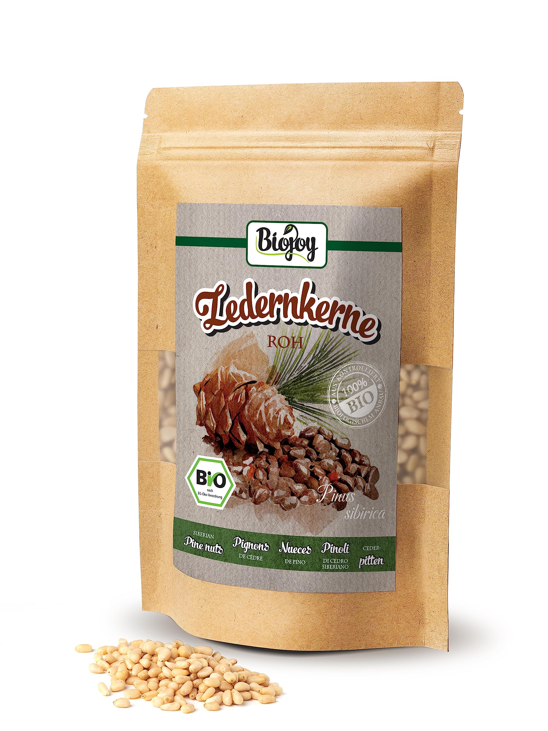 Biojoy Piñones Crudos Orgánicos (250 g), enteros, non tostadas y sin sal (Pinus sibirica)