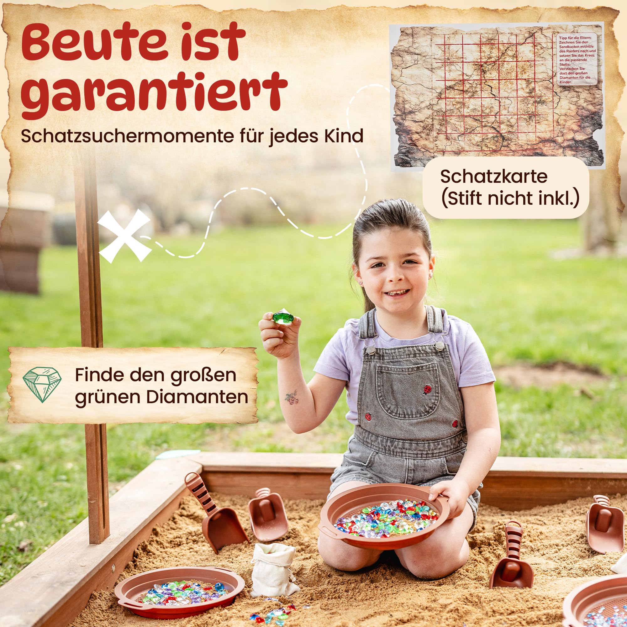 DIAGO Schatzsuche Kindergeburtstag - Outdoor Spiele Set für Kinder mit Edelsteinen, Schatzkarte und Sandkasten Spielzeug - Schnitzeljagd ab 3 Jahren