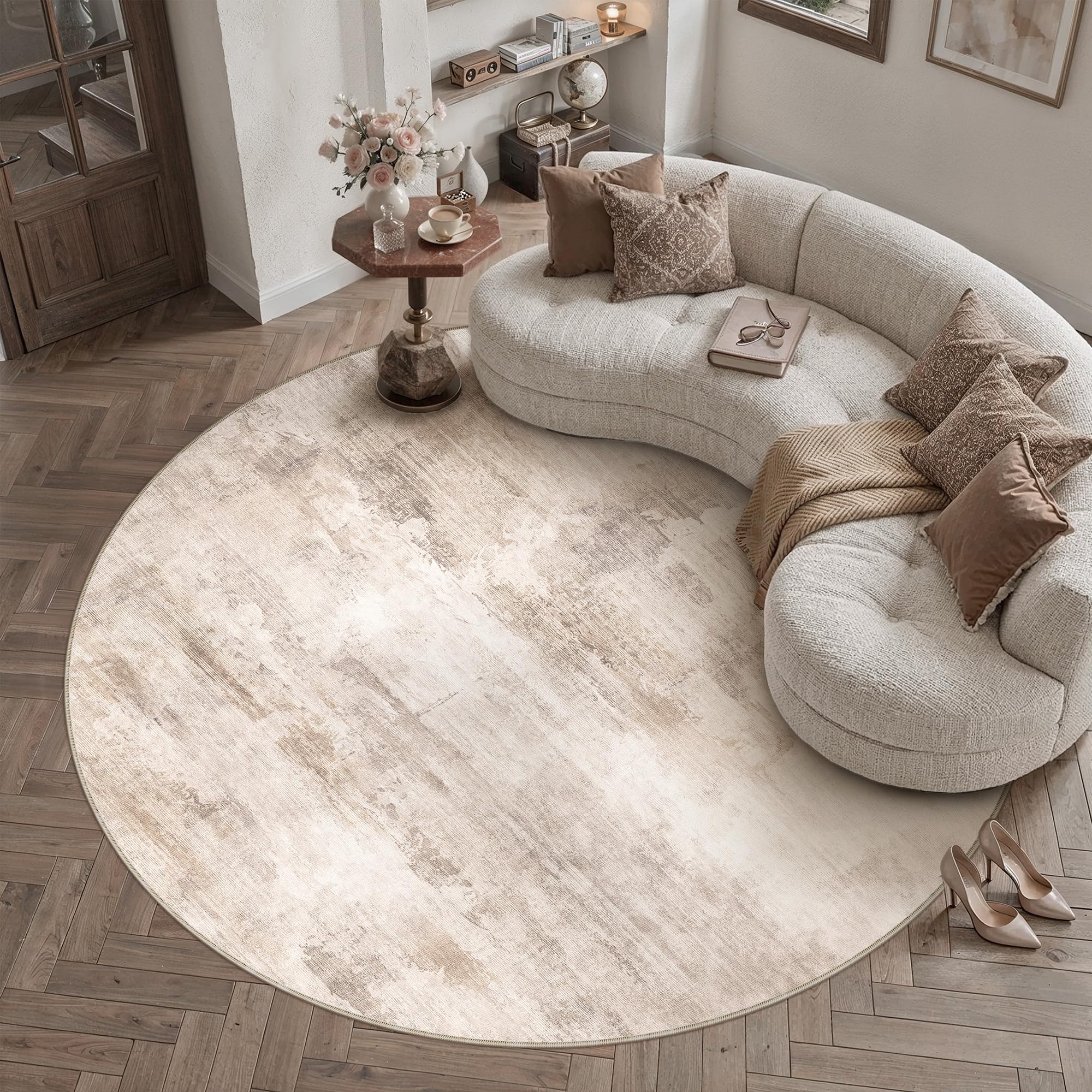 PureCozy Round Rugs Living Room Rug 240cm Beige Brown Washable