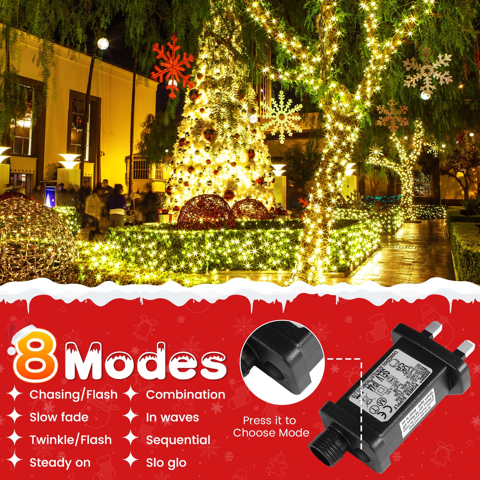 ELKTRY Christmas Cluster Lights,1000LED Warm White Christmas Tree Lights 10M,8 Modes&Memory Function with Dark Wire - Image 4