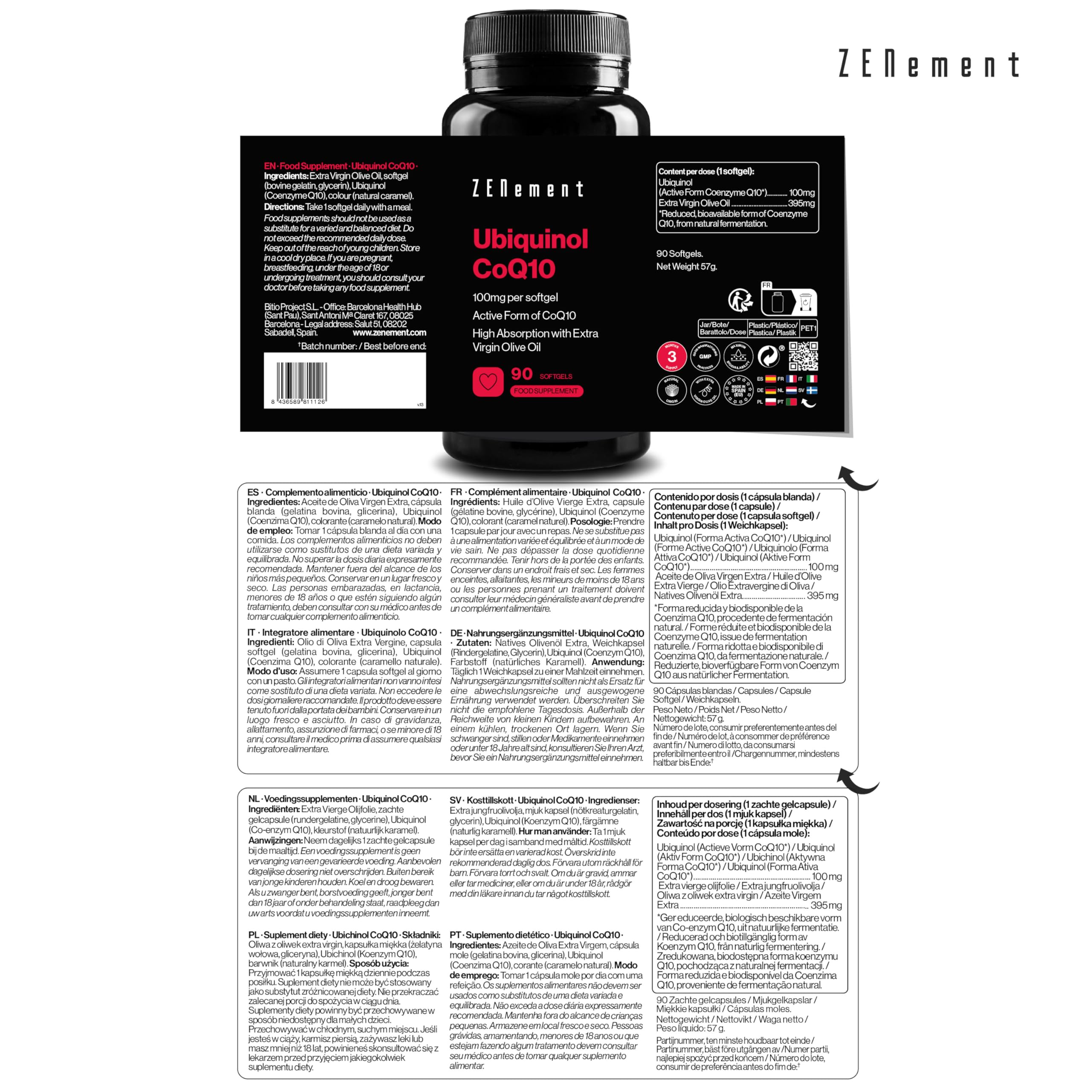 Ubiquinolo 100mg – Forma Attiva e Ridotta del CoQ10 – Alta Assorbibilità con Olio Extravergine di Oliva – 90 Capsule Softgel, 3 Mesi di Scorta – Zenement
