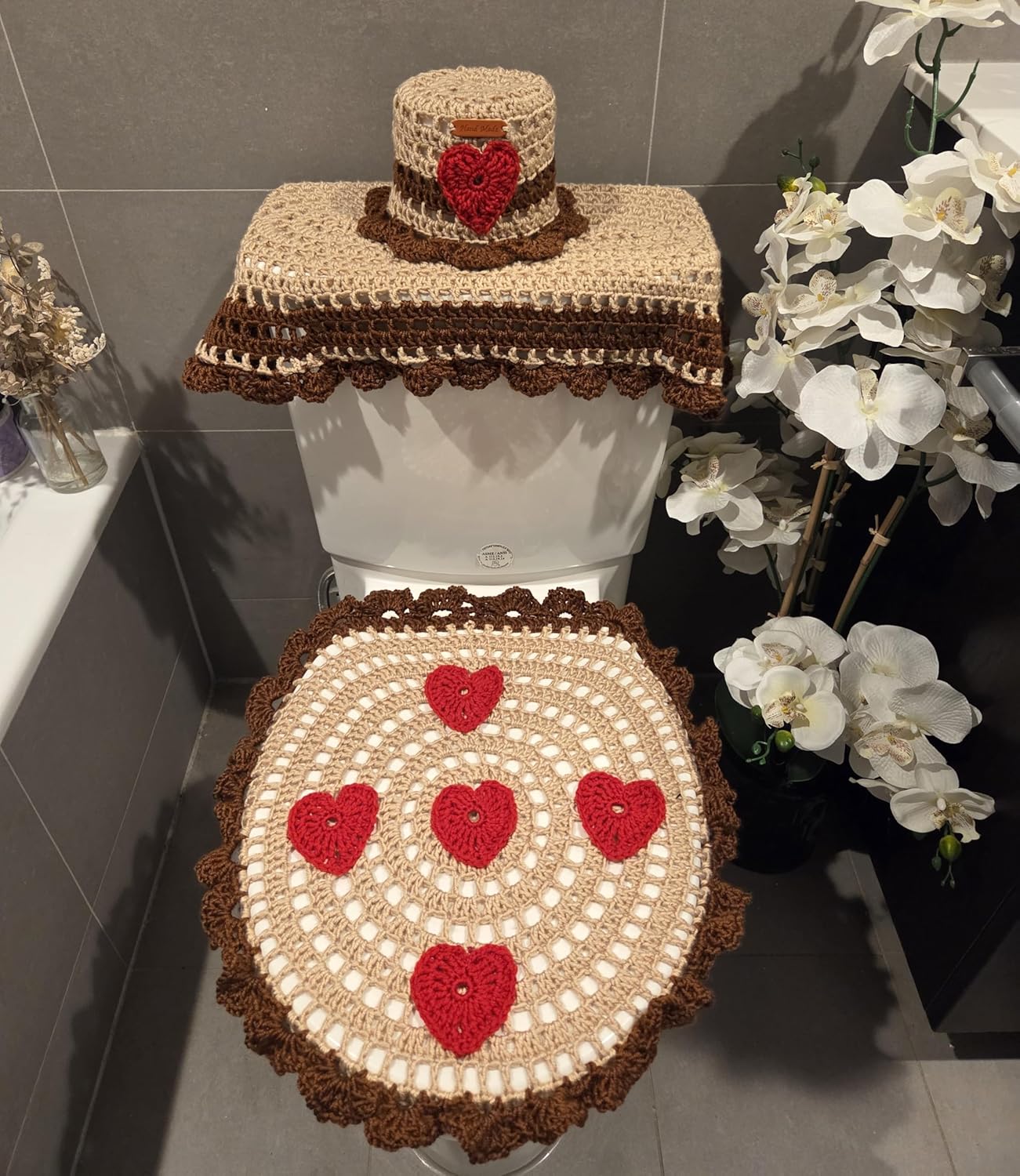 Valentine’s Crochet Bathroom Set – Toilet Tank Cover + Lid Cover + Toilet Paper Roll Cover