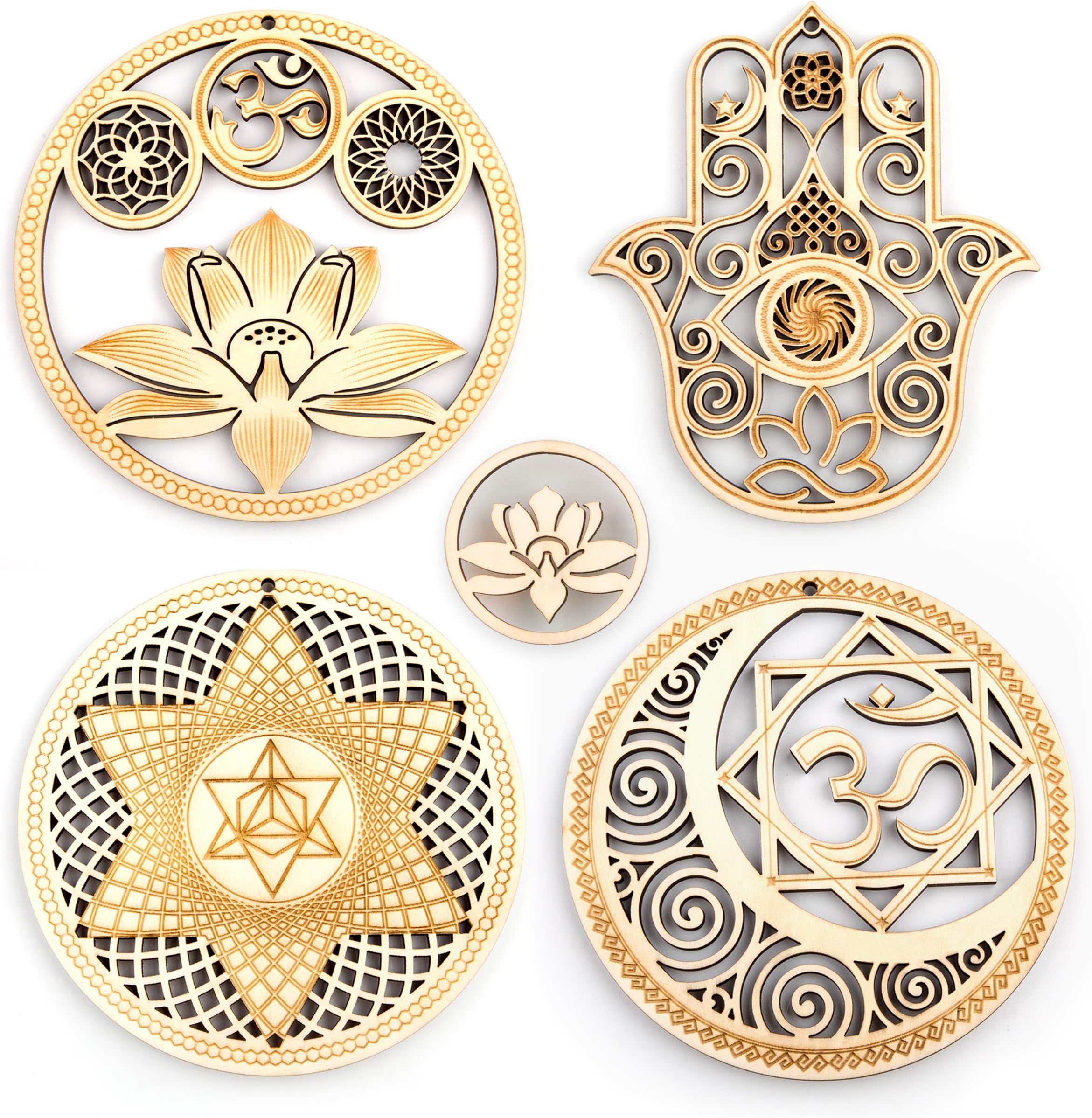 5.31" Sacred Geometry Wall Art 4 PCS Set, (Sacred Lotus, Hamsa Hand, Soul Star, Union Sun Moon) Crystal Grid Meditation Chakra Wooden Wall Art Yoga Decor Spiritual Gifts