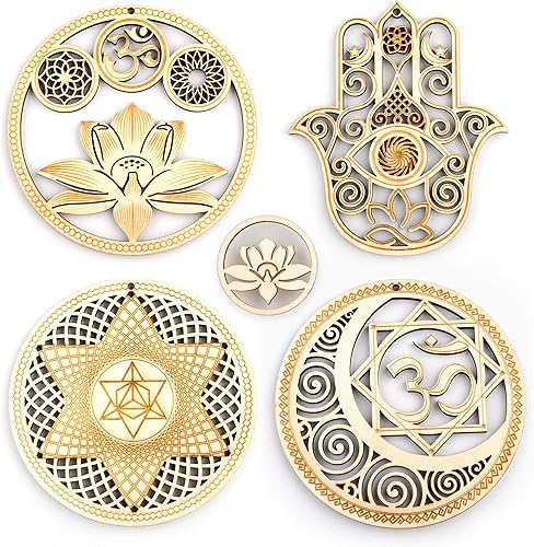 Juego de 4 piezas de arte de pared de geometría sagrada de "5.31" pulgadas, (Loto Sagrado, Mano Hamsa, Estrella del Alma, Unión Sol Luna) rejilla de