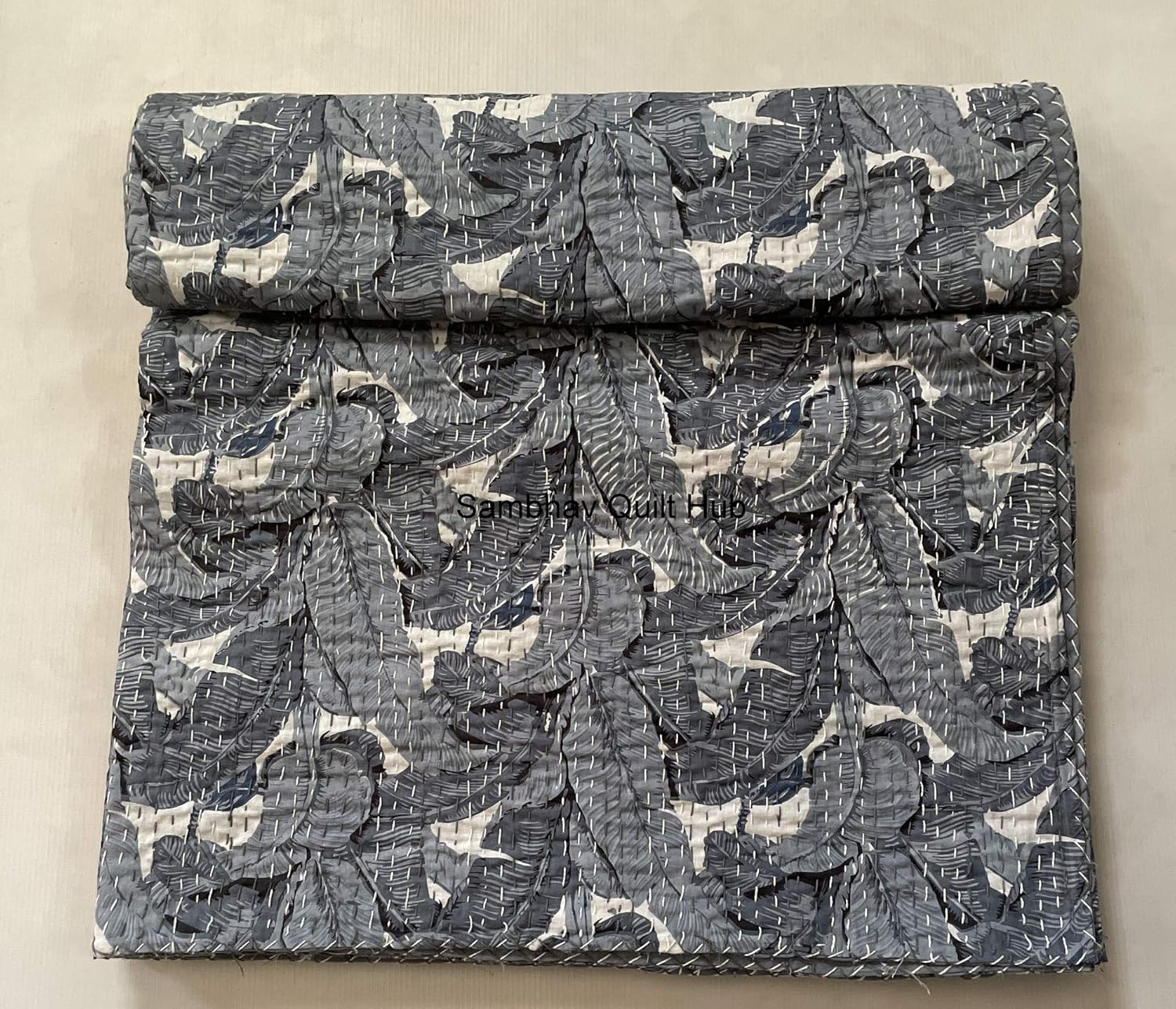 New Fresh Leaves Tropical Handmade King Kantha Floral Monstera Plant Banana Leaves Pattern Printed Kantha Quilt Bohemain Boho Hippie Bedding Throw Blanket (Queen/King 90X108 inch)