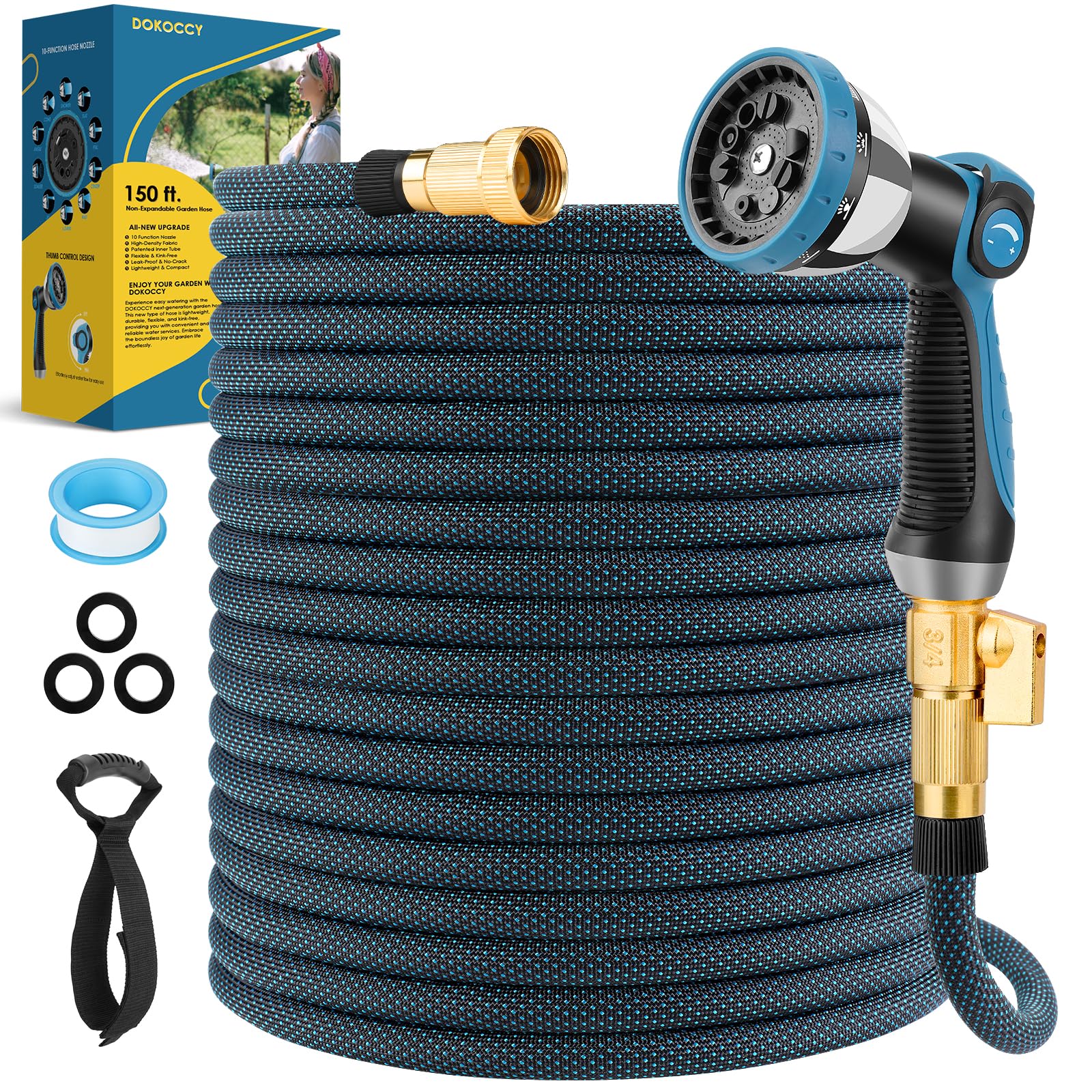 Non-Expanding Garden Hose 150 ft, Flexible Water Hose with 10 Function Spray Nozzle, Lightweight Hose Pipe, Leak-Proof, Durable, Kink-Resistant, 3/4 Inch Connector, Portable Storage Strap
