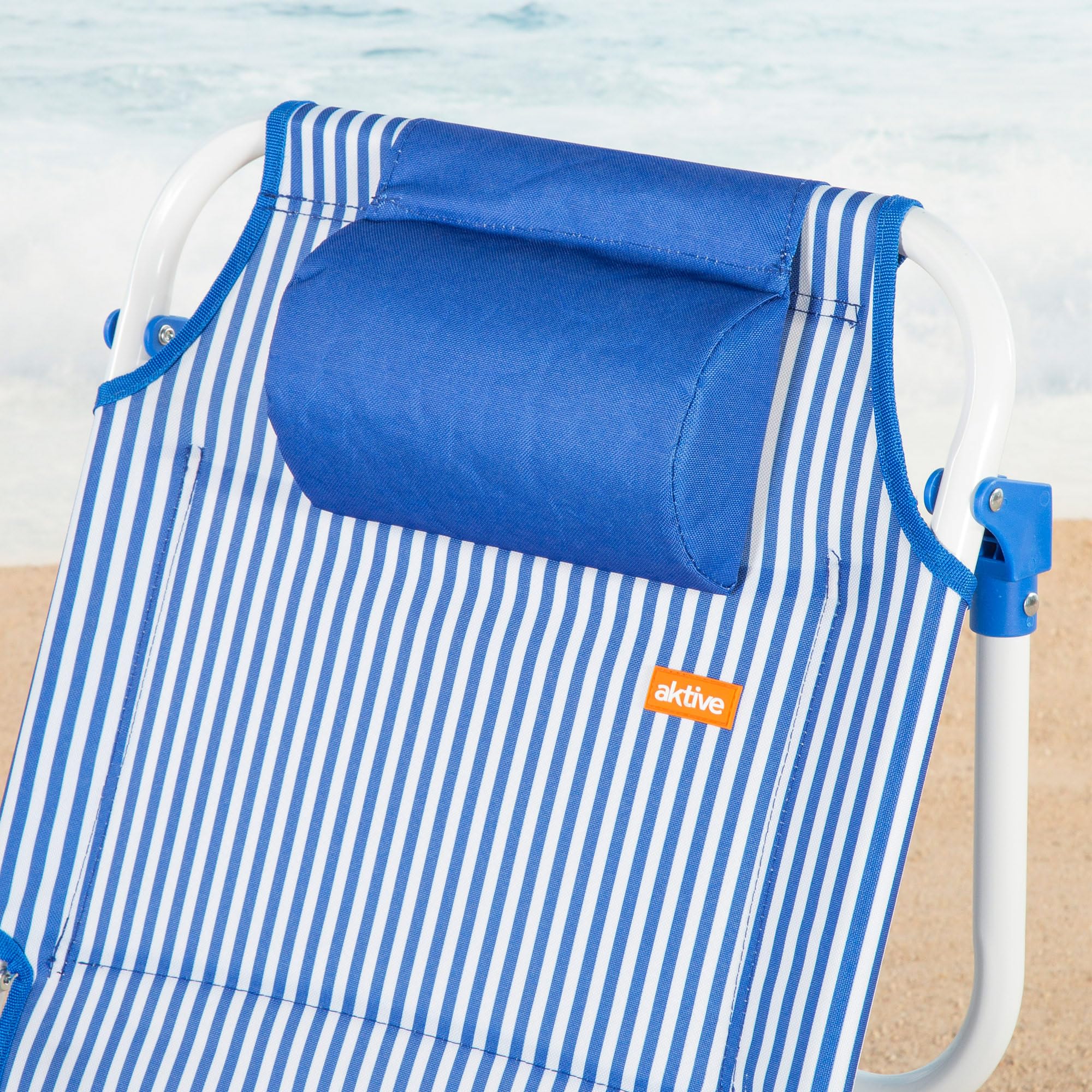 AKTIVE Silla de Playa Plegable, Azul Rayas, 48x58x76 cm, 4 Posiciones, Antivuelco, Aluminio y poliéster, Peso soportado 110 kg, Bolsillo Lateral y Trasero, Cojín, Transporte Mochila (62531)