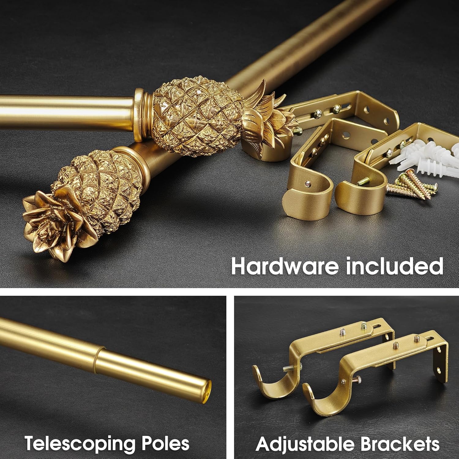 1-1/8 Inch Diameter Brushed Gold Curtain Rods with Pineapple Finial, 72-144'' Telescoping Single Curtain Rods for window width 68-140 inch, 1 pack