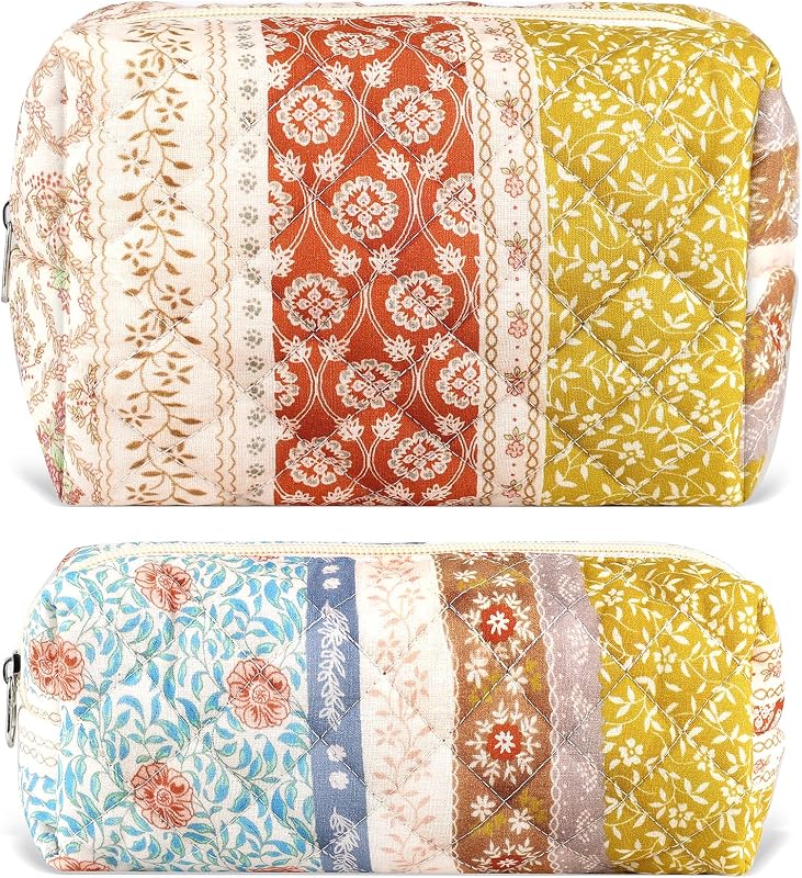 Necessaire de maquiagem URSKYTOUS floral acolchoada de algodão com zíper, Pacote com 2