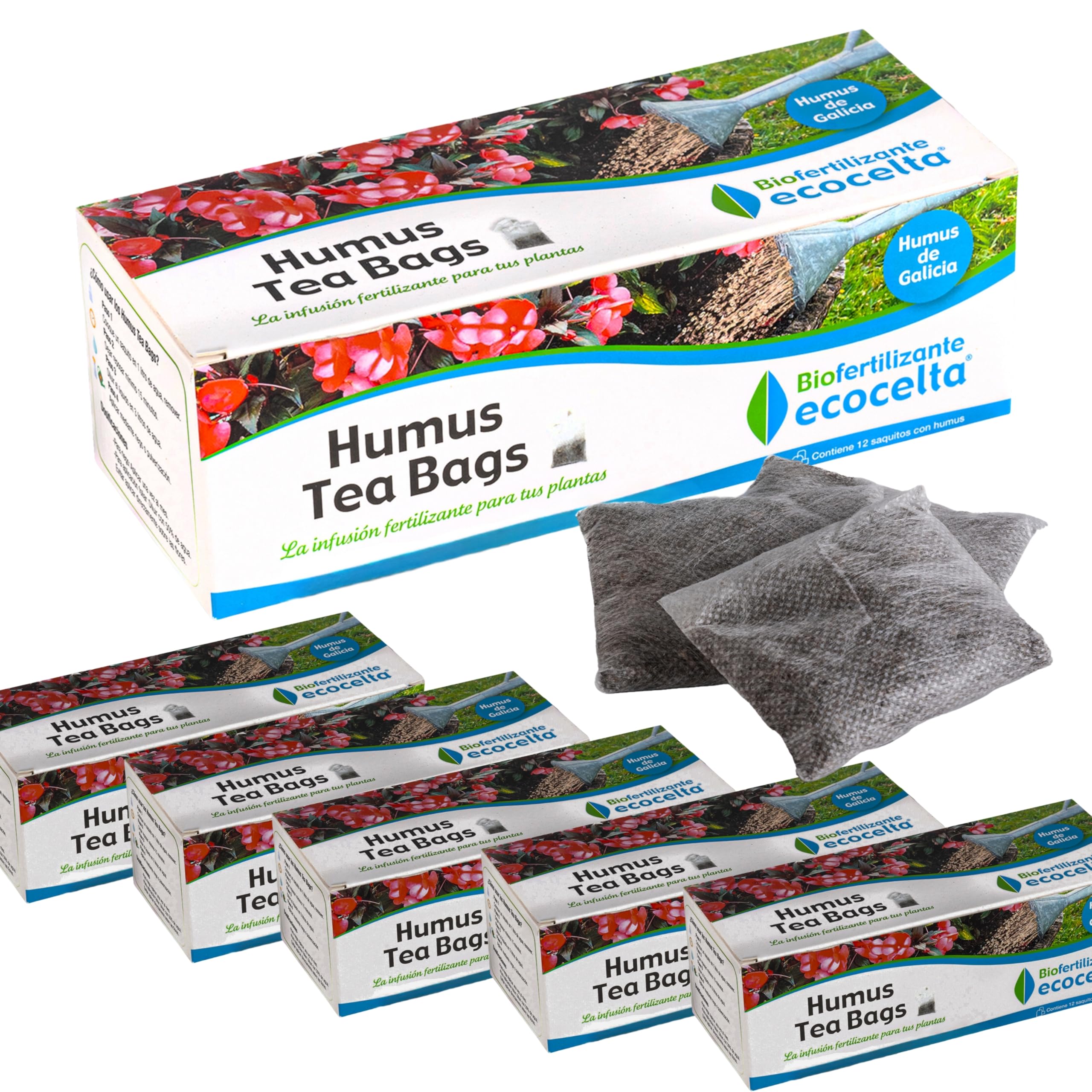 ECOCELTA | Humus Tea Bags Pack X 6 Cajas (72 Saquitos) | Abono Ecológico para Plantas en Maceta | Infusión Fertilizante Natural y Uso Directo | Riego y Pulverización | Sin Olores 100% Biodegradable