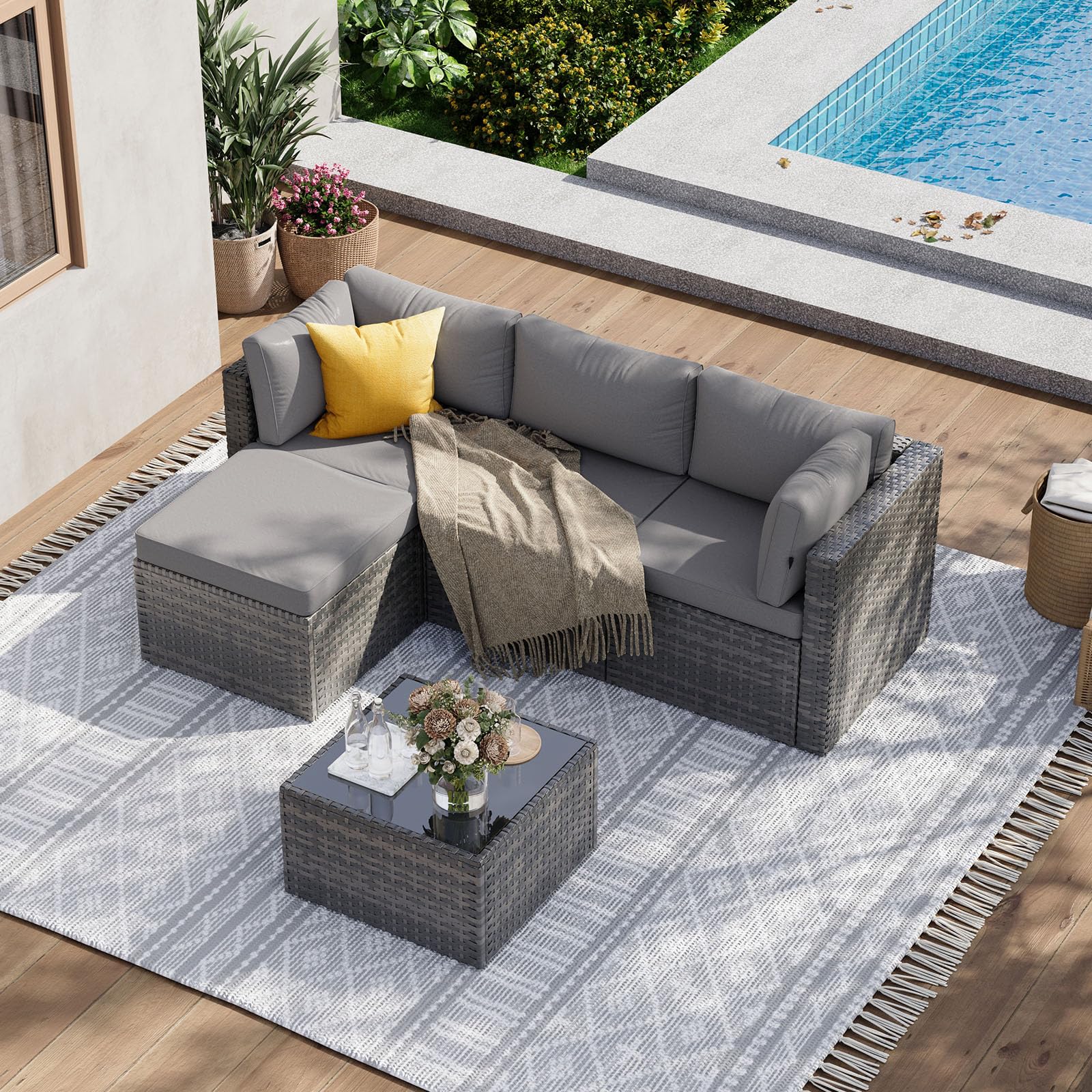 Aoxun Gartenmöbel Set Polyrattan 3-teilig mit 7,5cm dicken Kissen & Glas-Couchtisch, wetterfeste Gartenlounge Outdoor mit extra Langer 196cm Sitzbank, Stabiler Balkon Terrassen Außenmöbel Satz (Grau)