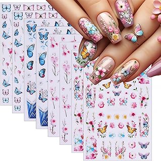 8 Sheets Spring Butterfly Nail Stickers Peach Blossom Nail Art Stickers 3D Self-Adhesive Nail Decals Colorful French Butterfly Petals Leaves Nail Design for Women Girls Spring Summer Nail Decoration