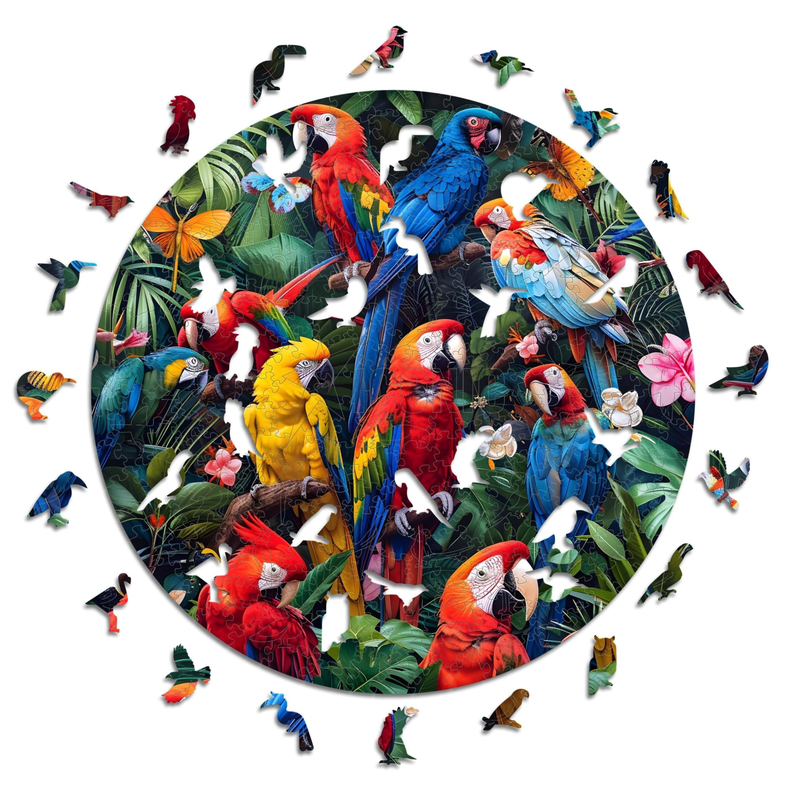 Iconic Puzzles – Colorful Parrots, fantasy animals, 100 % nachhaltiges Holzpuzzle, Geschenke für Kinder und Erwachsene, Größe M, 350 Teile