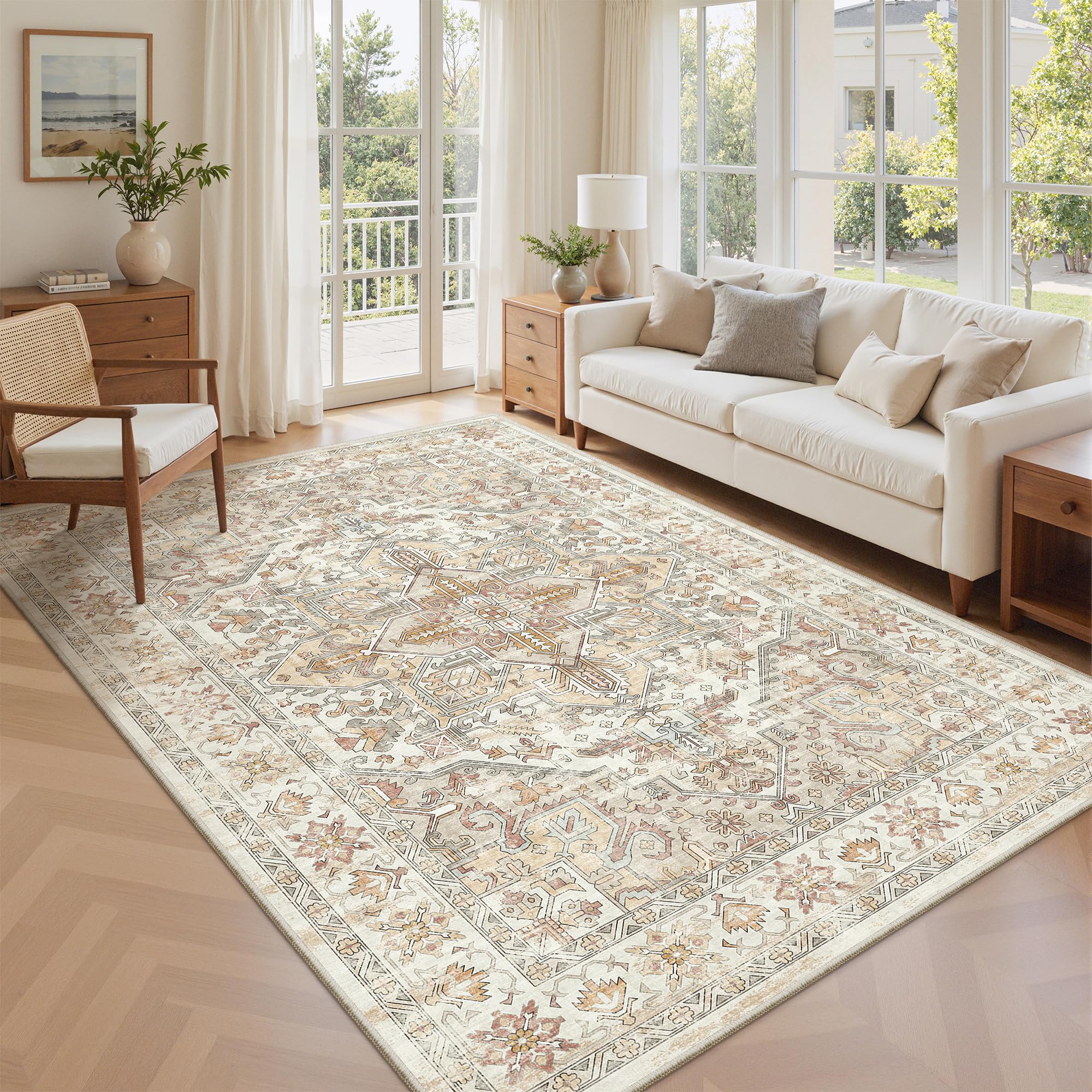 zesthome 5x7 Washable Rug-Stain Resistant Area Rugs for Living Room, Ultra-Thin Vintage Rugs, Non-Slip Backing Rug, Low Pile Large Area Rug, Boho Home