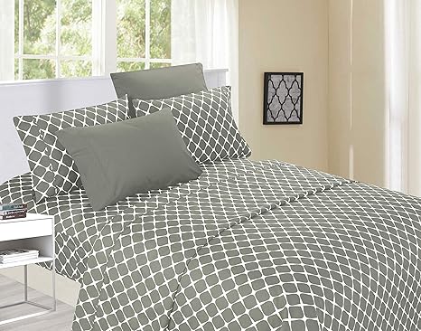 Elegant Comfort Luxury Softest and Coziest 4-Piece Bed Sheet Set, Wrinkle Resistant Milano Trellis Pattern-1500 Thread Count Egyptian Quality Microfiber Bedding Set, Twin/Twin XL,Grey