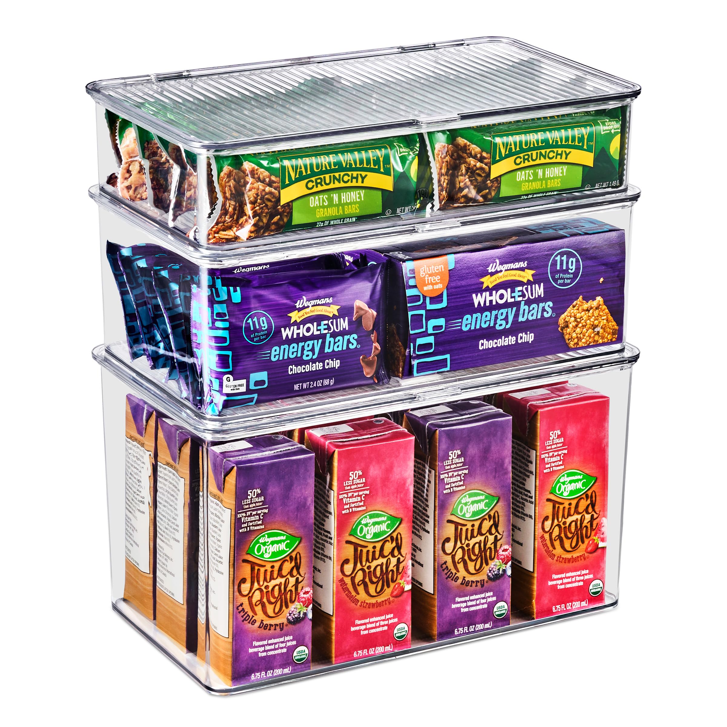 Sorbus Aufbewahrungs-Organizer für Kühlschrank und Speisekammer mit Deckel, transparenter Kunststoff, stapelbar, Nüsse, Müsli-Riegel (groß – mittel – klein)