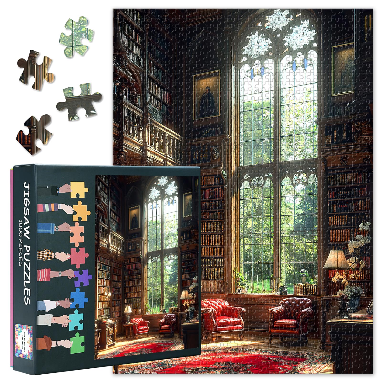 Puzzle for Adults – 1000-Piece Challenge Classic Library Interior with Stained Glass Window Art Jigsaw Puzzles | Promotes Focus, Calm & Screen-Free Fun