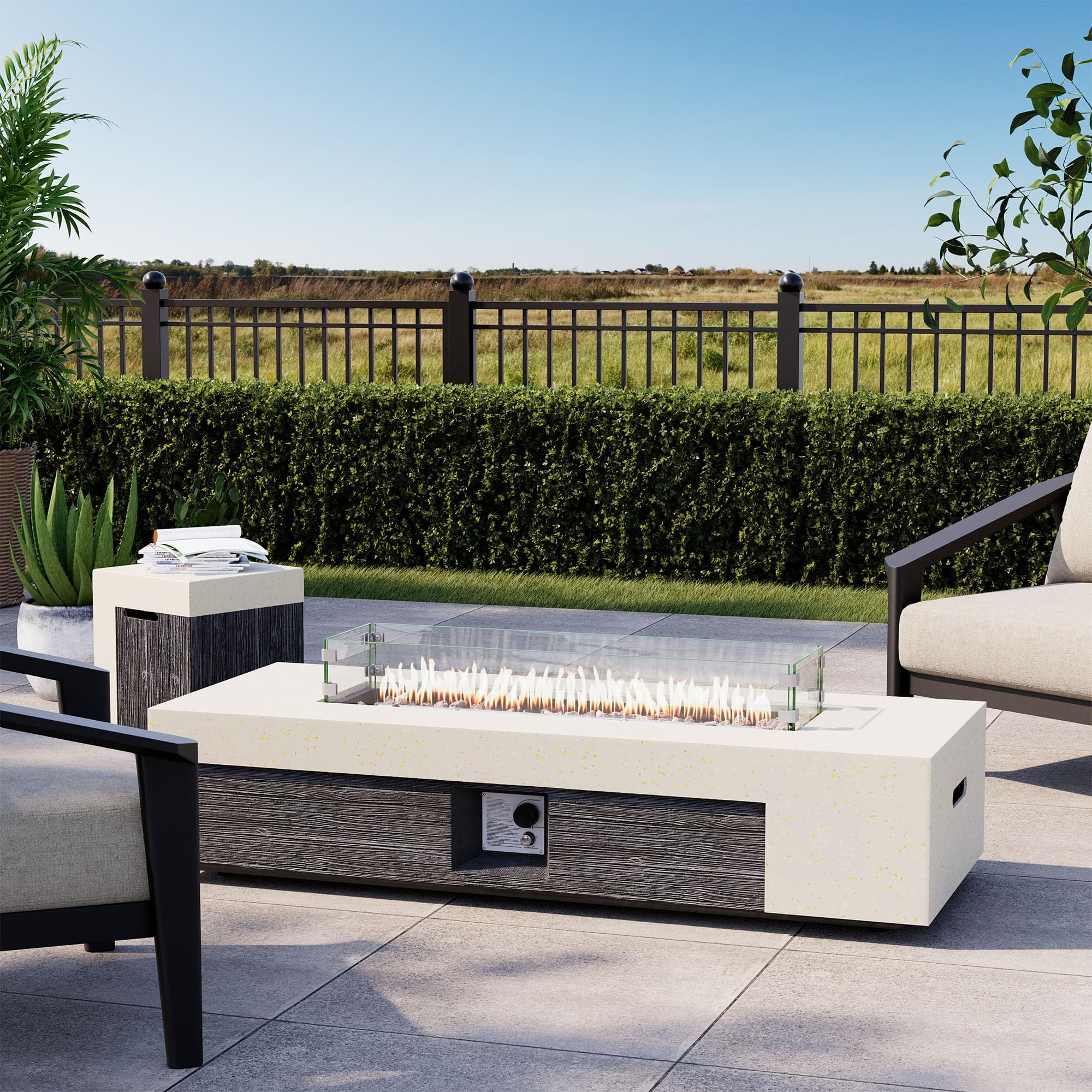 COSIEST 56" Outdoor Propane Fire Pit Table w Tank Cover & Wind Guard, Rectangle Gas Fire Pit Table with Concrete & Wood Grain Design, 50000BTU Fire Tables for Patio, Backyard, Garden