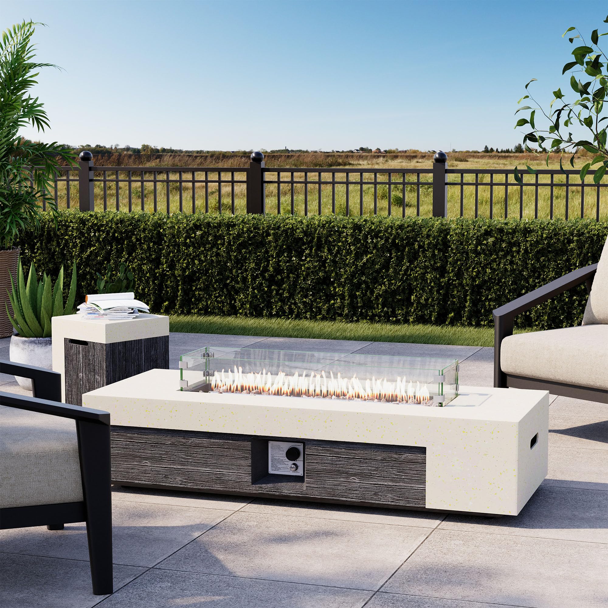 COSIEST 56" Outdoor Propane Fire Pit Table w Tank Cover & Wind Guard, Rectangle Gas Fire Pit Table with Concrete & Wood Grain Design, 50000BTU CSA Certified Fire Tables for Patio, Backyard, Garden