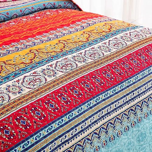 Vista 179 de WONGS BEDDING Juego de edredón bohemio tamaño Queen Aqua, juego de colcha de 3 piezas a rayas, de microfibra ligera y suave bohemia para todas
