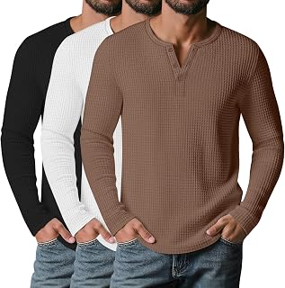 3 Pack Men’s Waffle Henley Long Sleeve Casual Shirts