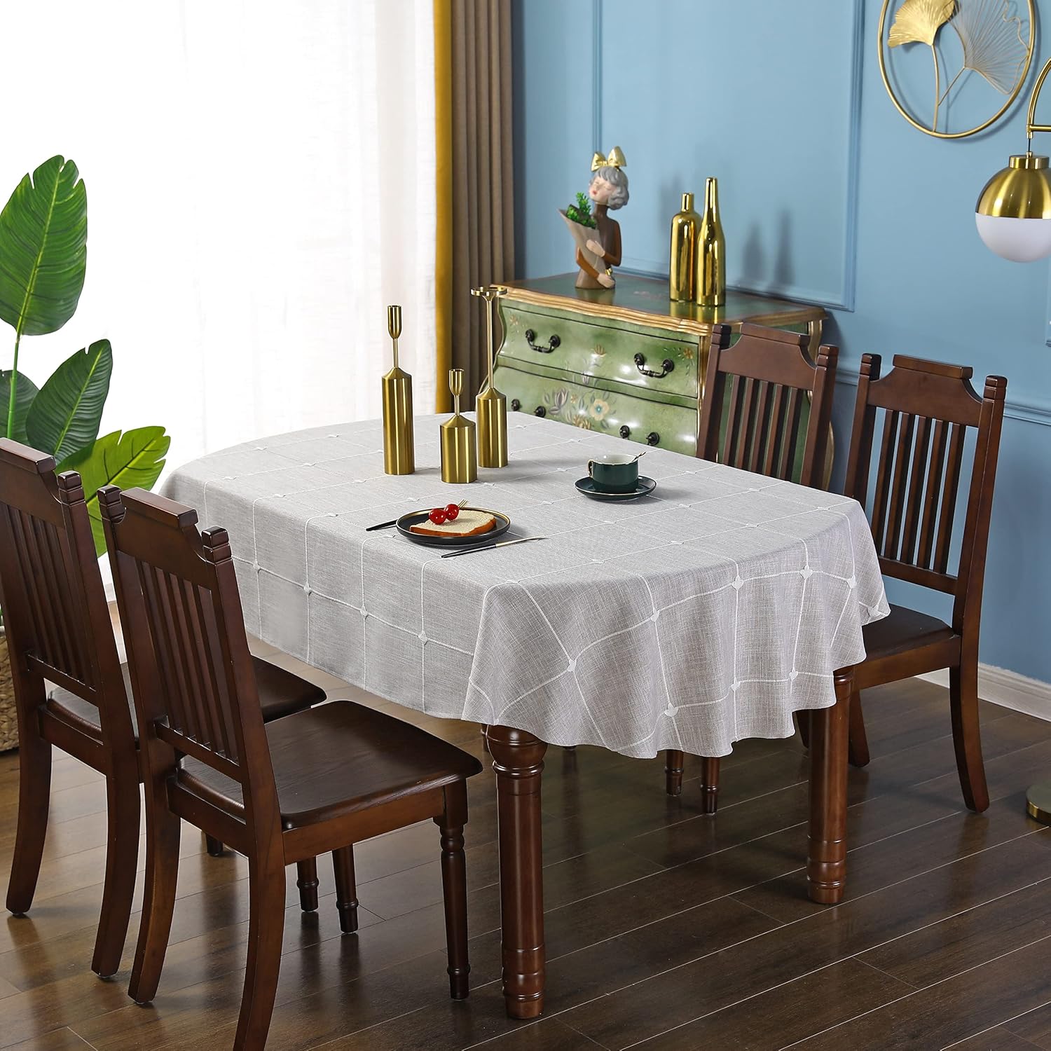 Lattice Oval Tablecloth Rustic Embroidery Cotton Linen Fabric Coffee Checkered Table Cover Tablecloths for Kitchen Dining Party Tabletop Decoration 53 x 72 inches Brown