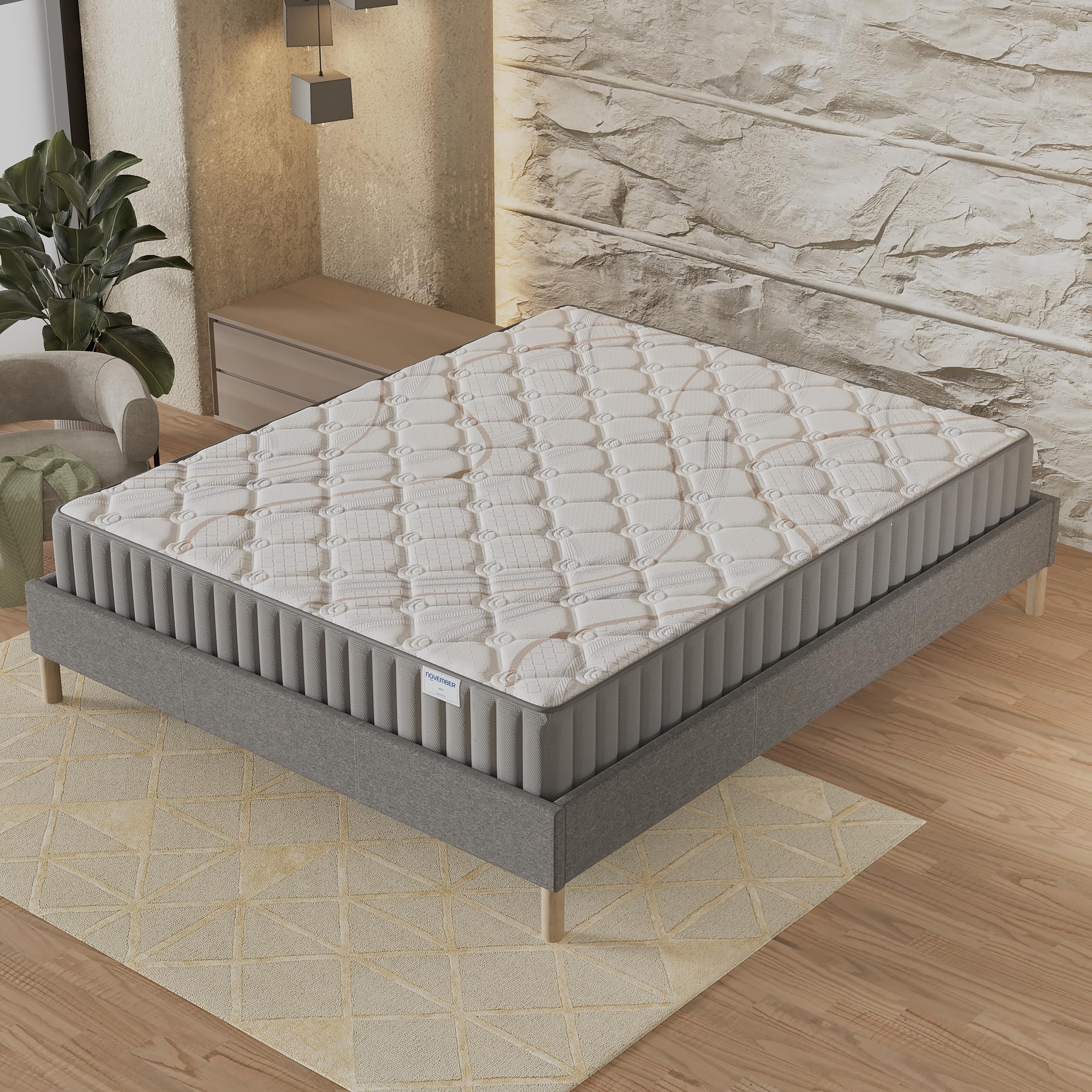 NOVEMBER- Ensemble Matelas + sommier (160 x 200cm) - Matelas Sirius Latex Naturel & Mousse Haute Densité d’épaisseur 22cm + Sommier Bois Stable & Robuste revêtement Tissu Gris