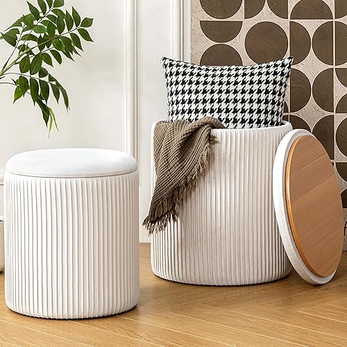 Otomana con almacenamiento juego de 2, otomana redonda de terciopelo, taburete tapizado de esponja, soporte de 300 libras, mesa auxiliar