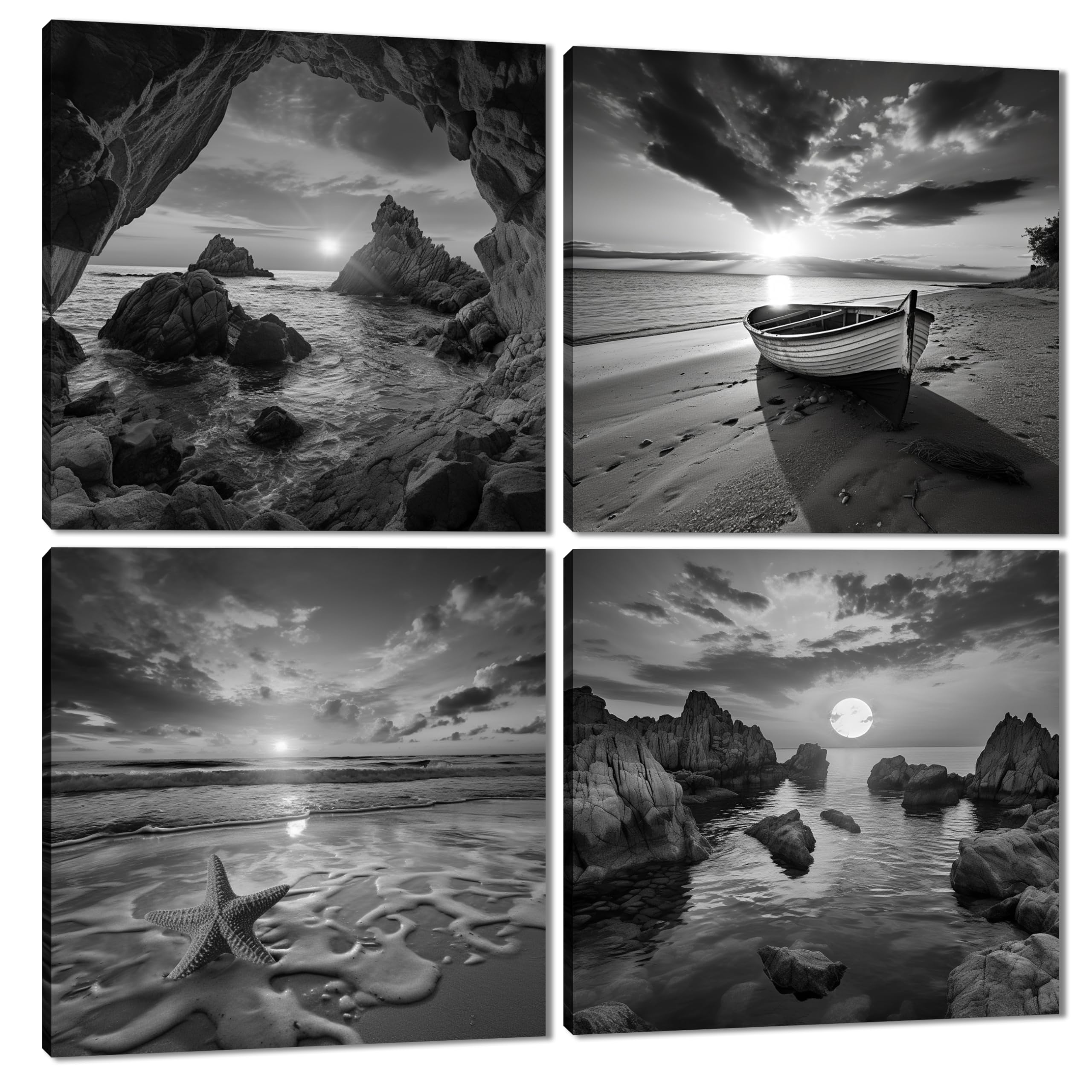 Black and White Canvas Wall Art - Beauty Sunset and Sunrise Beach Seascape Decoration Painting 4 Pieces sea Ocean Scenery 12x12 inches Framed Print Poster For Home Office Decorative Ready to Hang