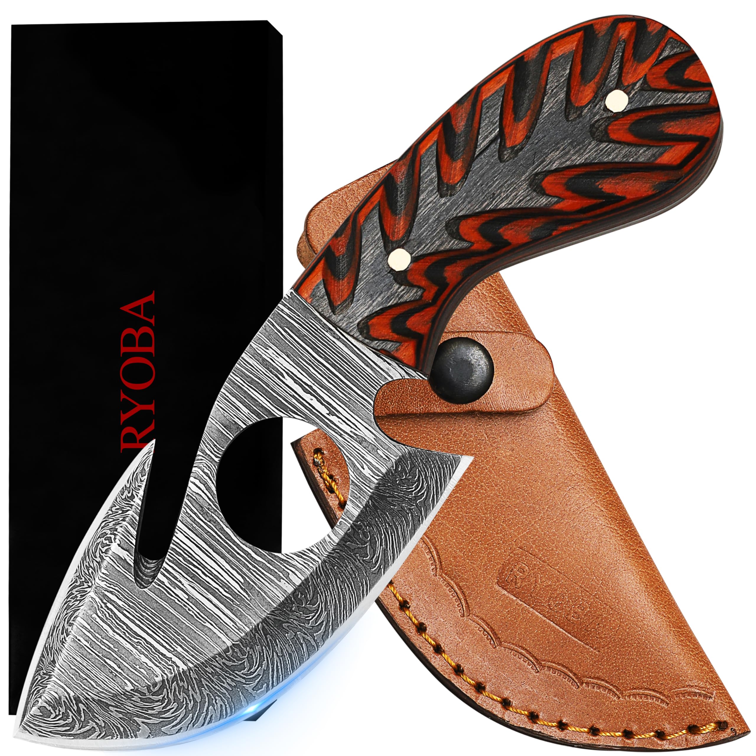 RYOBA Damascus Skinning Knife with Hook Handmade Damascus Steel Fixed Blade Skinning Hunting Knife With Gut Hook (Orange/Black)