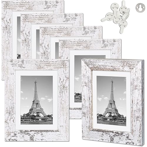 upsimples 5x7 Picture Frame Distressed White with Real Glass, Display Pictures 4x6 with Mat or 5x7 Without Mat, Multi Photo Frames Collage for Wall or Tabletop Display, Set of 6