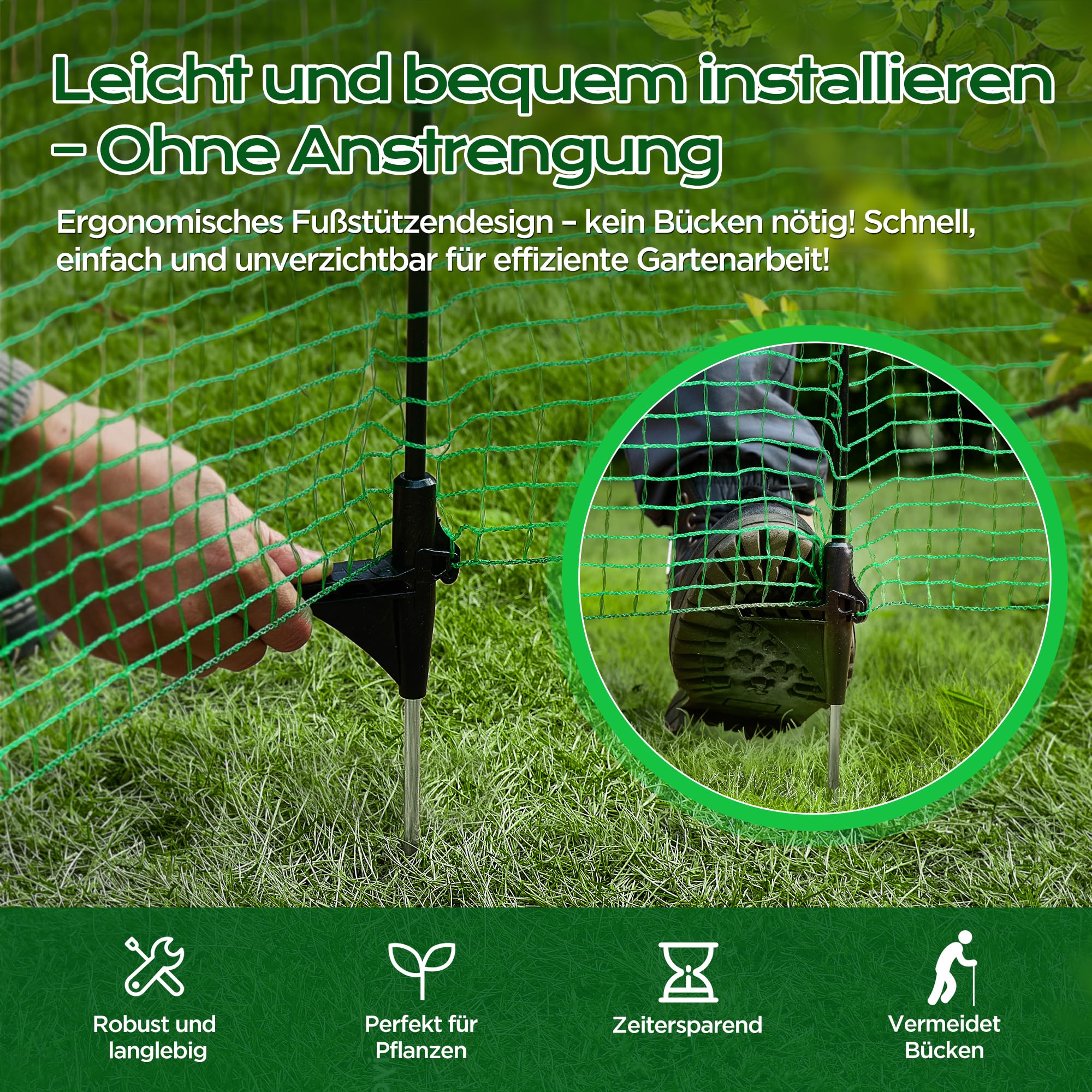 Signstek Mobiler Begrenzungszaun 15 m 90 cm mit 9 Pfählen Steckzaun engmaschig grün