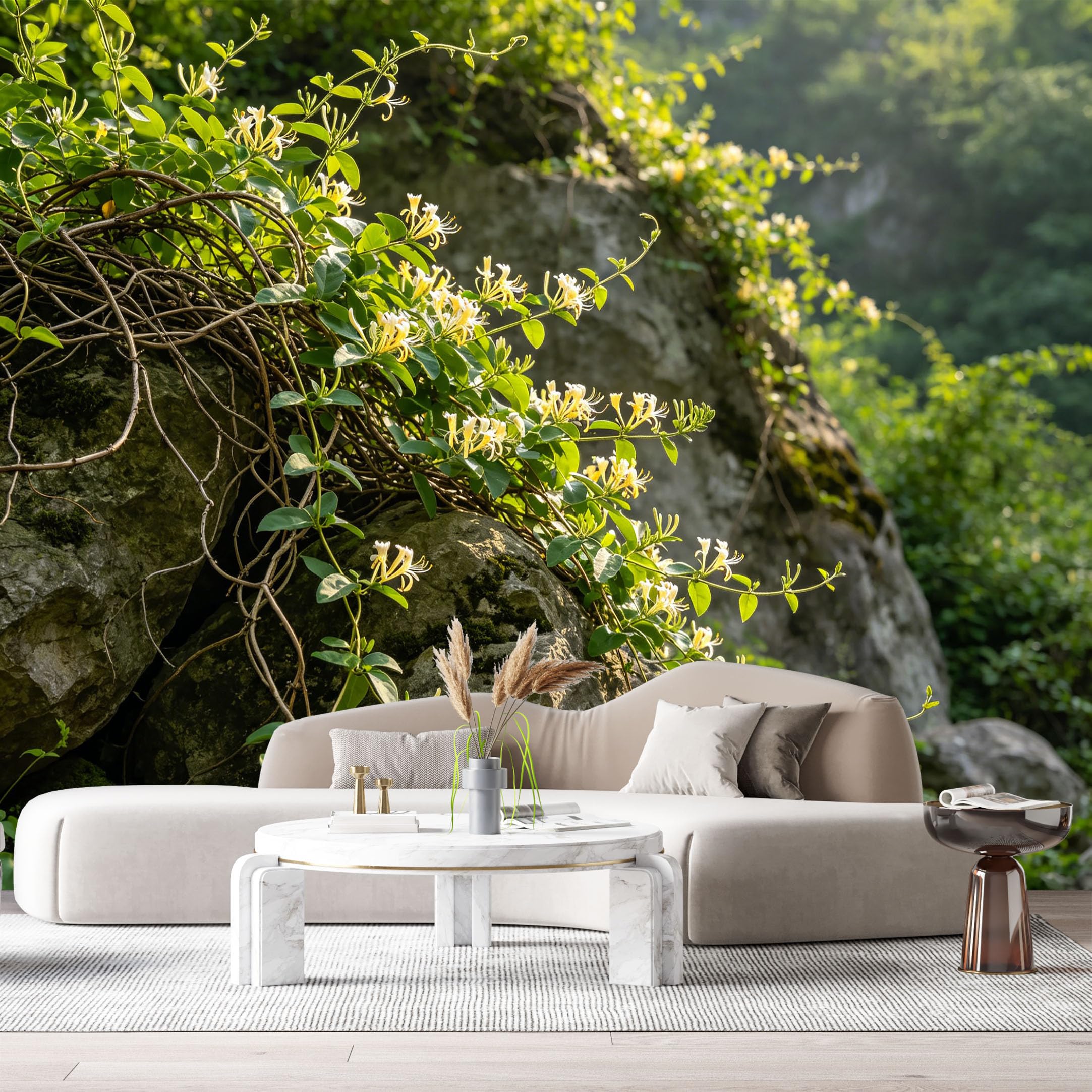 Custom Size Wall Murals Forest Botanical Honeysuckle Vine on Rocky Cliff Sunlit Greenery SelfAdhesive Wall Fabric Removable Large Wallpaper for Photo Living Room