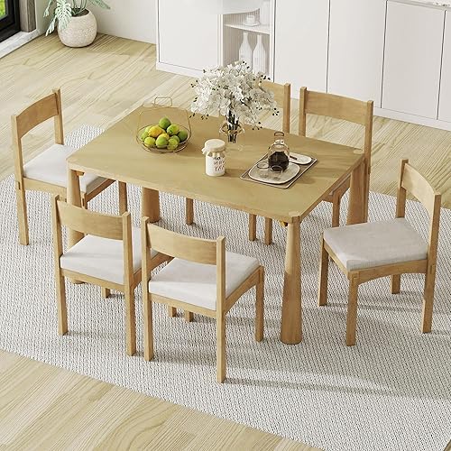 Miniatura 15 de Juego de mesa de comedor de 6 piezas, mesa de comedor de madera y 4 sillas y banco tapizados con esquinas lisas, juego de comedor para 6 personas