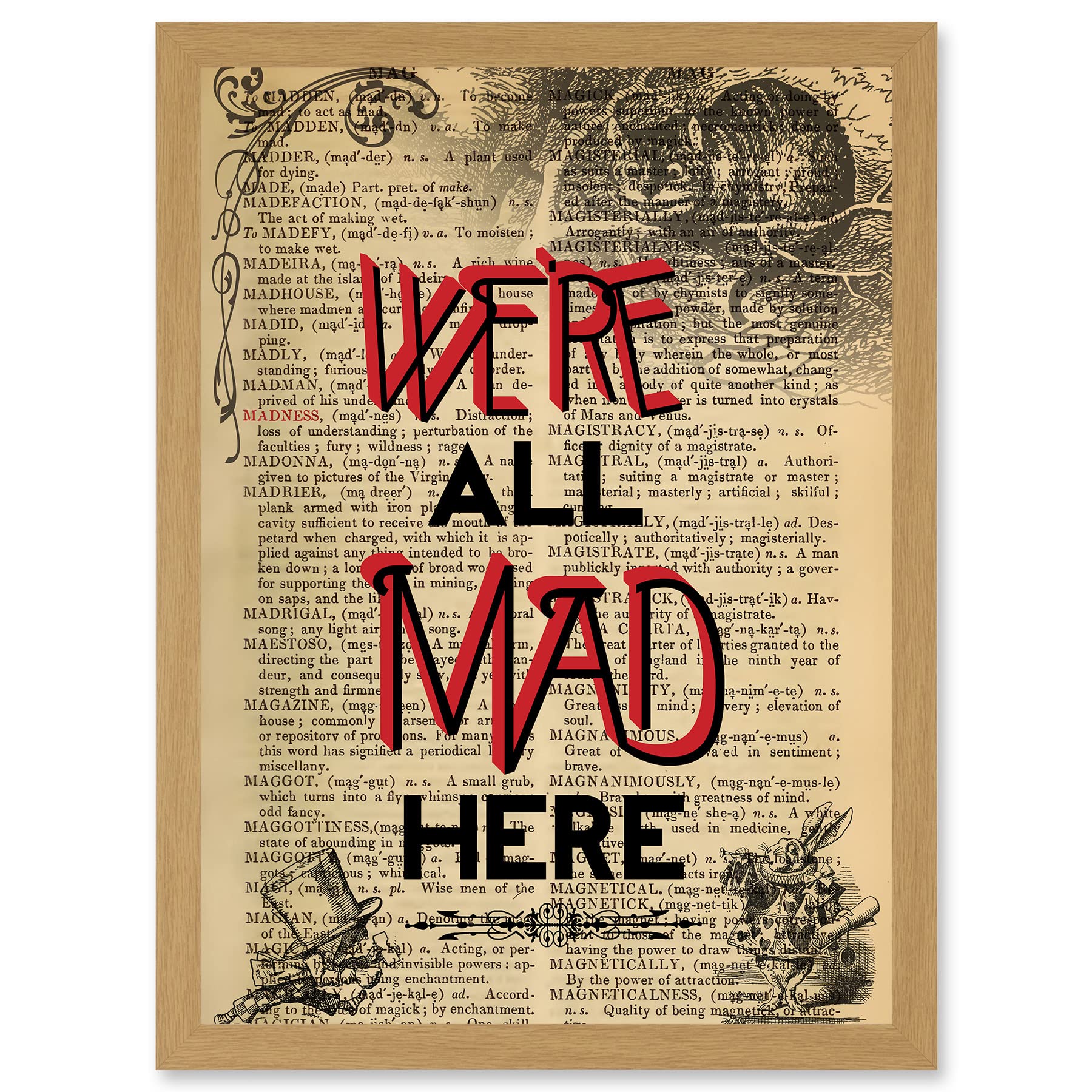 Artery8 Upcycle We're All Mad Here Quote Alice Wonderland Cheshire A4 Artwork Framed Wall Art Print