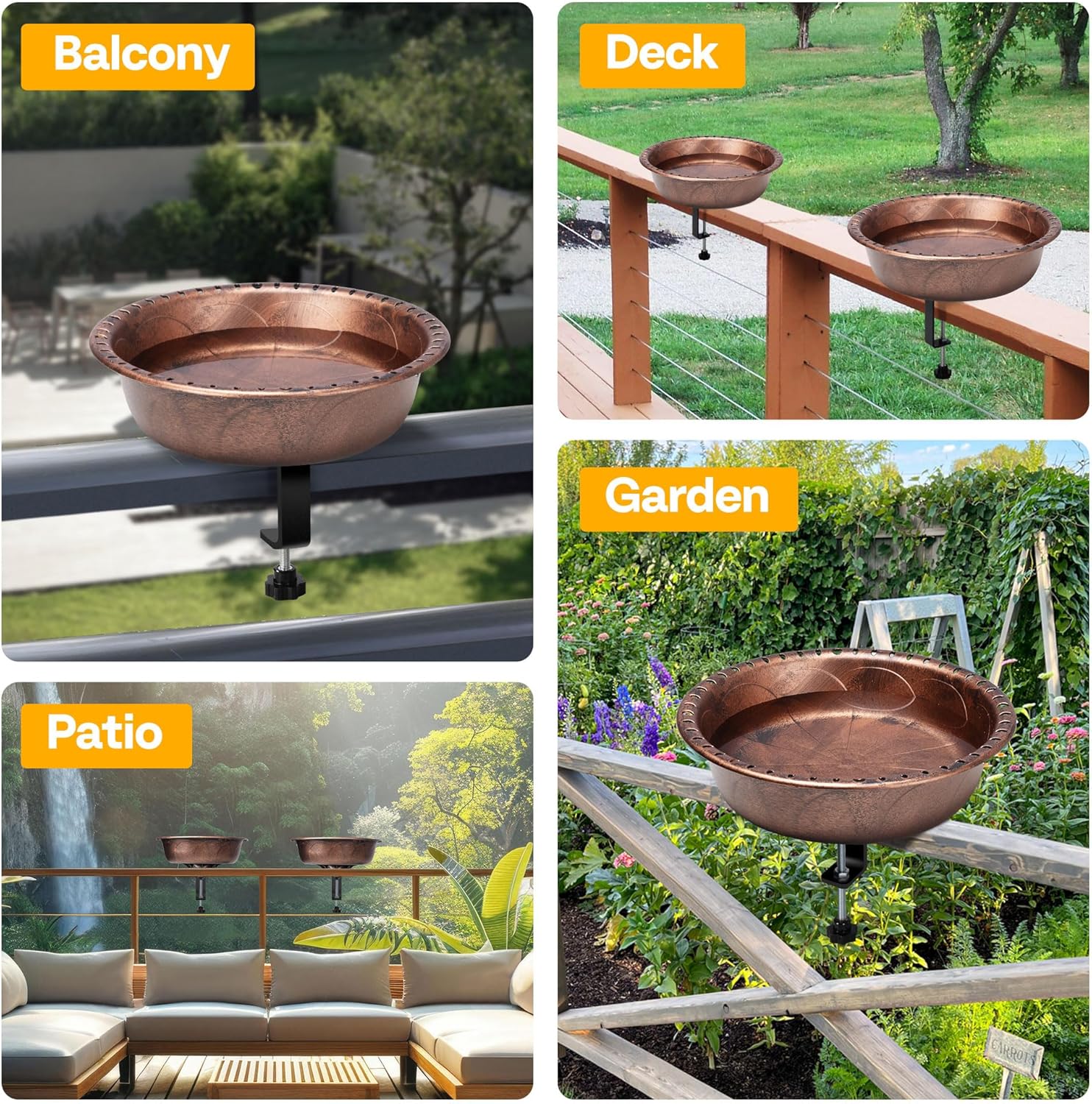 VIVOHOME Deck Mounted Polyresin Bird Bath with Adjustable Sturdy Metal Clamp for Railings up to 3.9 Inch, Capacity 1.4 Gallons for Patio, Gardens, Yard, Deck, Bronze