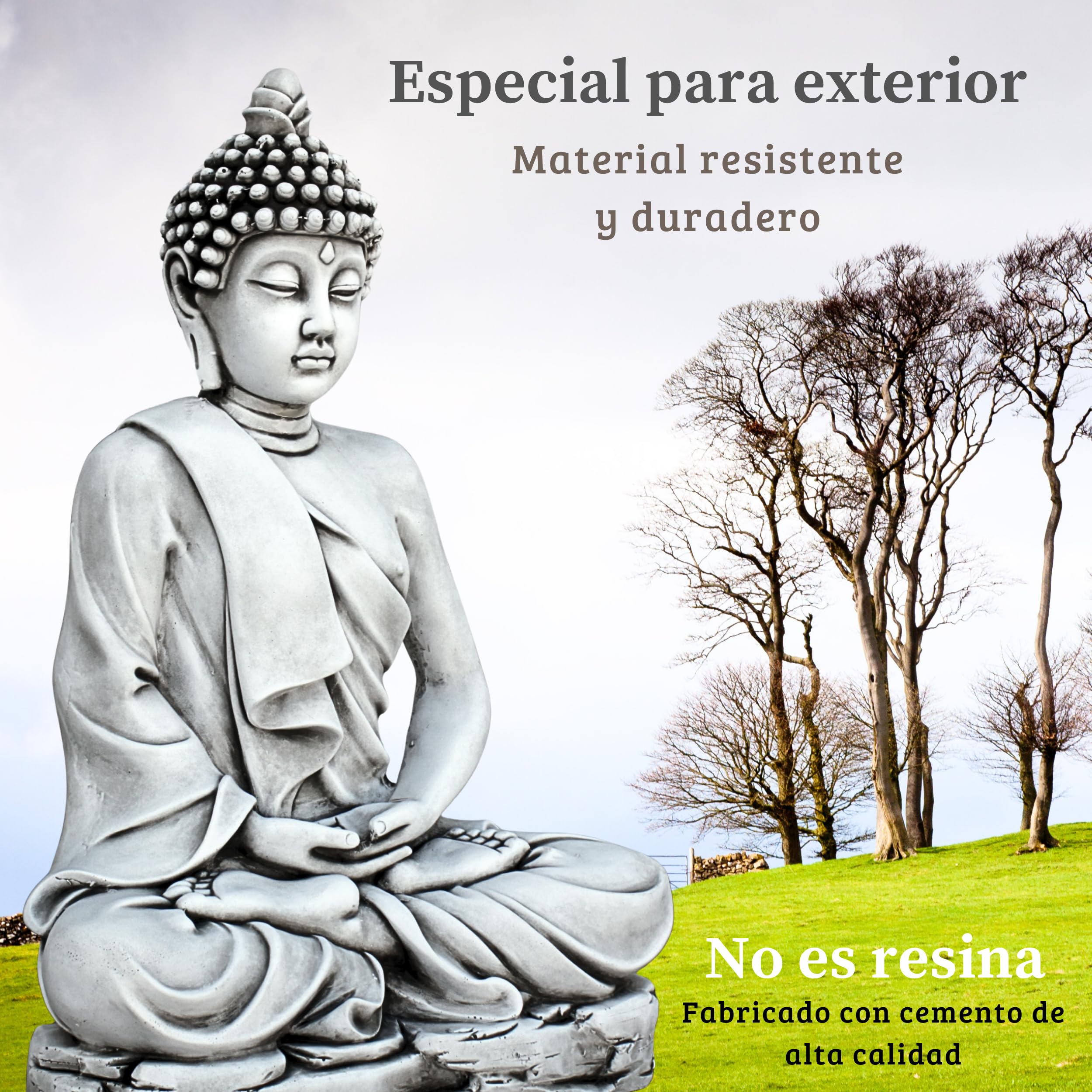 Buda Grande Sereno 73 cm (Ceniza). Budas Grandes de Jardin Zen en Piedra Artificial para Decoracion Jardin Exterior. Figuras y Budas Decorativos. Estatuas Decorativas Feng Shui.