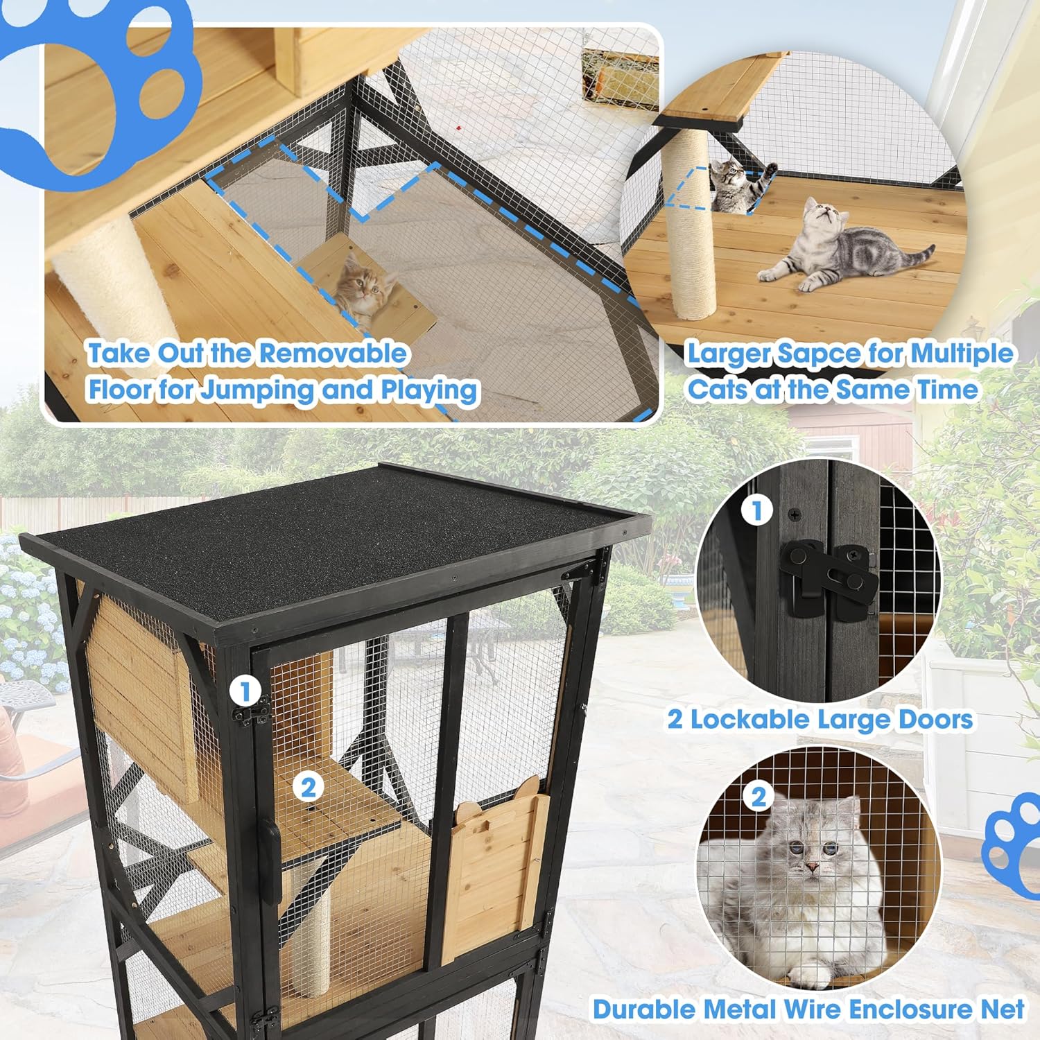 Catio Outdoor Cat Enclosure with Scratcher - 4-Tier Large Indoor Wooden Window Catio Cats House W/Asphalt Waterproof Roof, Wheels, Resting Box, Platforms, Kitten Toys Ball