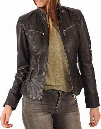 Womens Lambskin Leather Bomber Biker Jacket