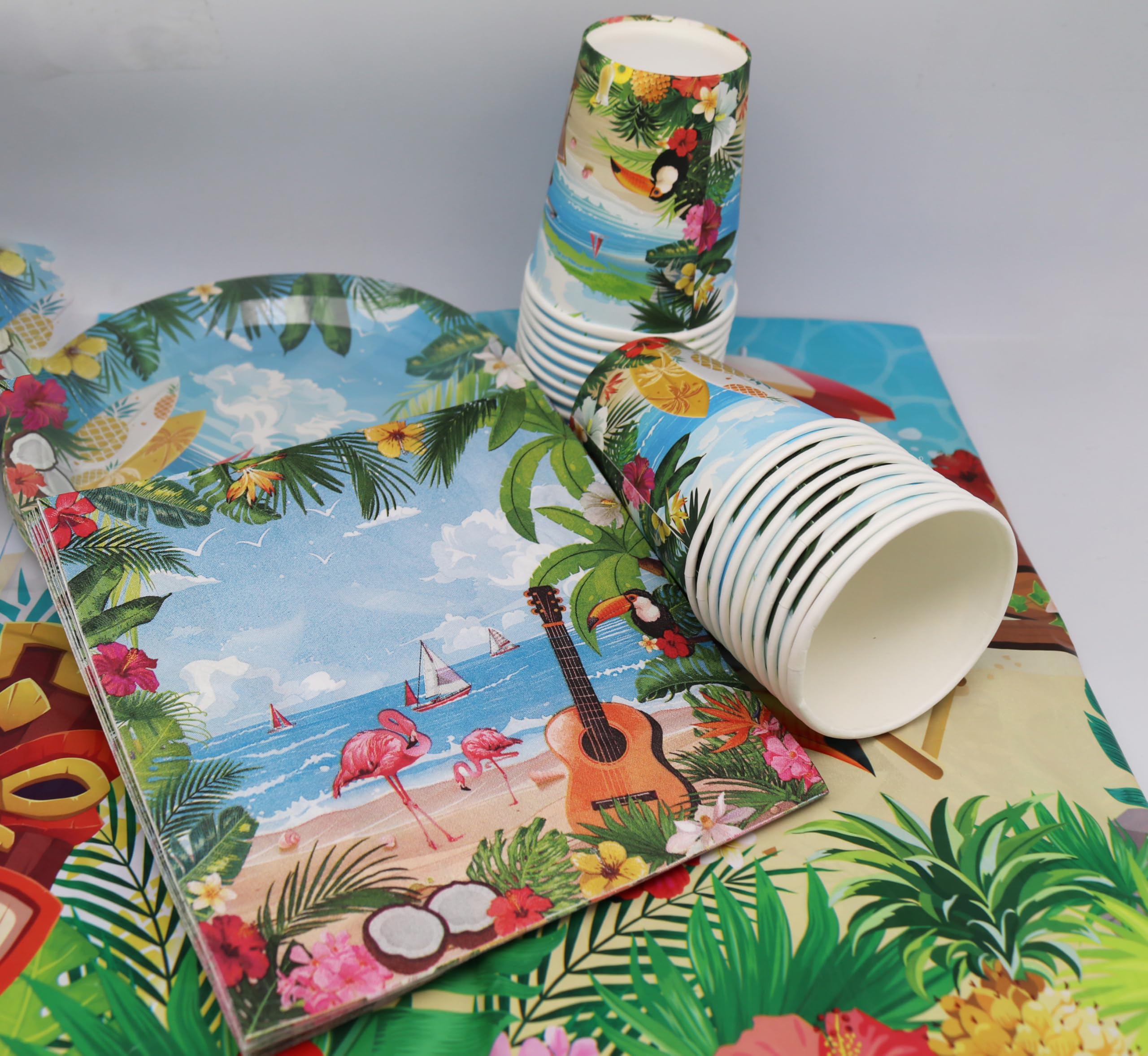 Vaisselle de fête hawaiana, set completo per 20 persone con piatti, bicchieri, tovaglioli e tovaglia verde di alta qualità per compleanni e feste estive