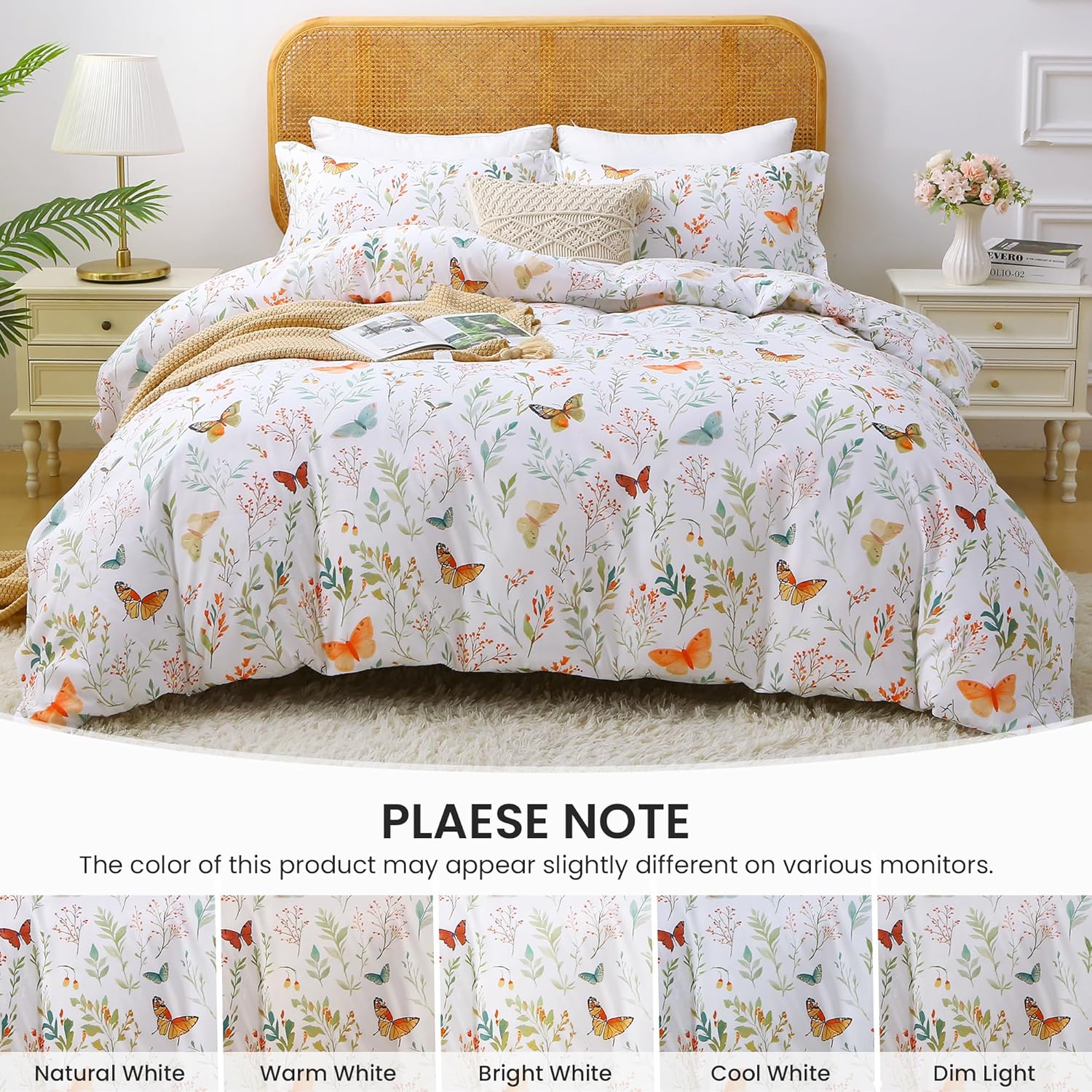 Mooreeke Floral Duvet Cover Queen Size, 3 Piece Butterfly and Botanical Patterned Duvet Cover Set with Zipper Closure, Soft & Breathable Microfiber Bedding Set with 4 Corner Ties and 2 Pillow Shams - Image 6