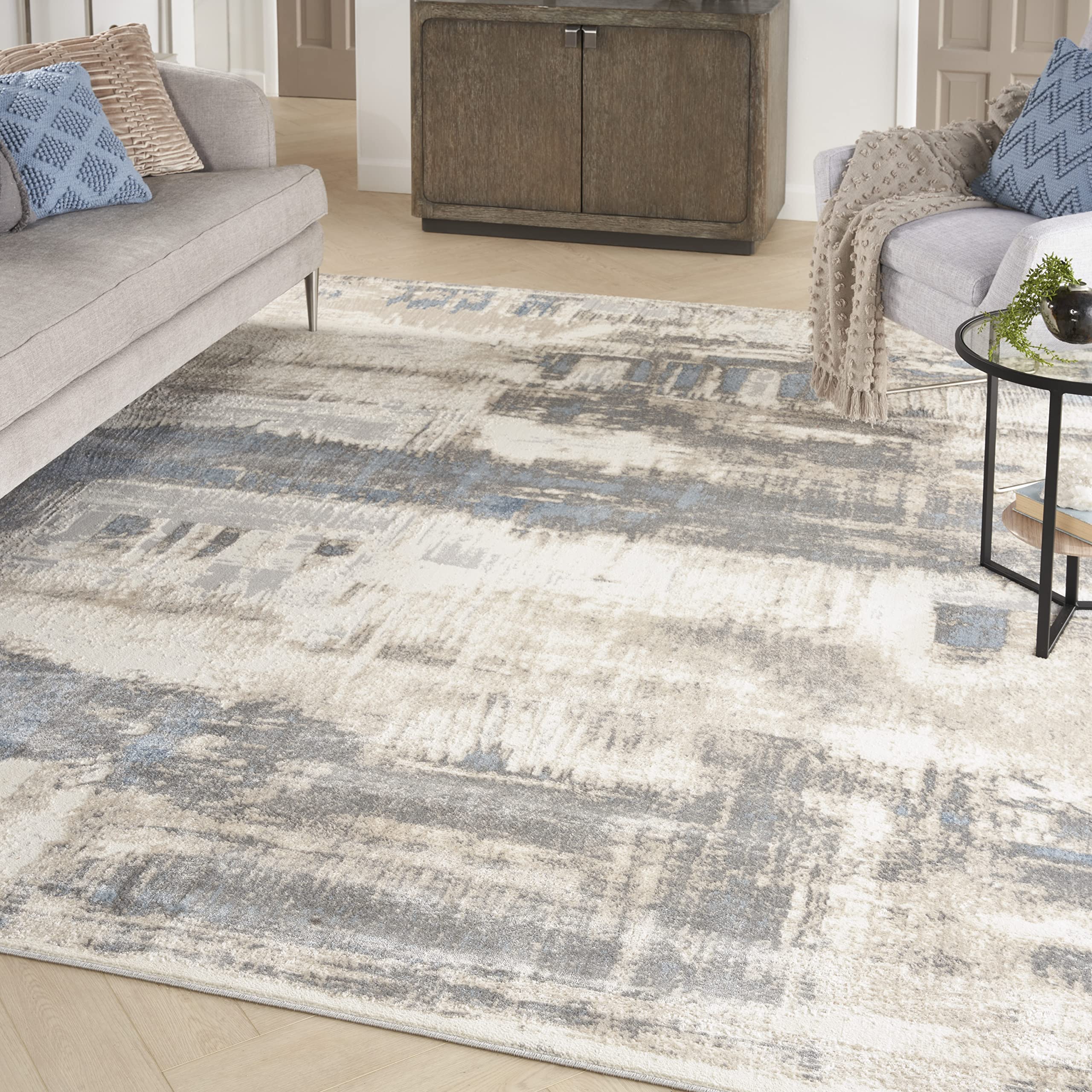 Nourison Home Solace Ivory Grey Blue 8' x 10' Area Rug - Easy Clean, Non Shedding, Bed Room, Living Room, Dining Room, Kitchen (8' x 10')