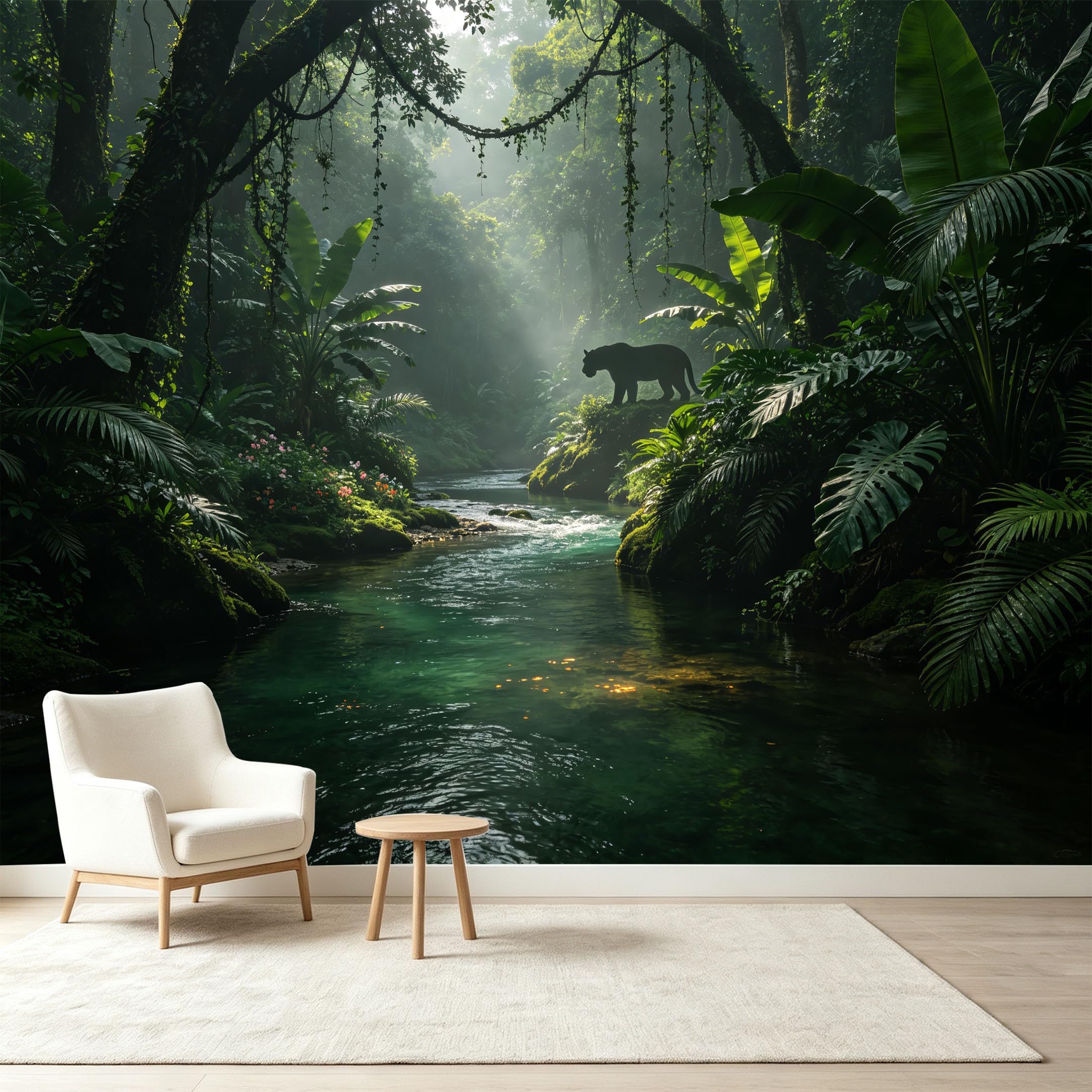 Custom Size Wall Murals Tropical Jungle Rainforest Wildlife Panther River 3D Trompe L'Oeil Self-Adhesive Wall Fabric Removable Wallpaper Wall Decor for Living Room Bedroom Bathroom