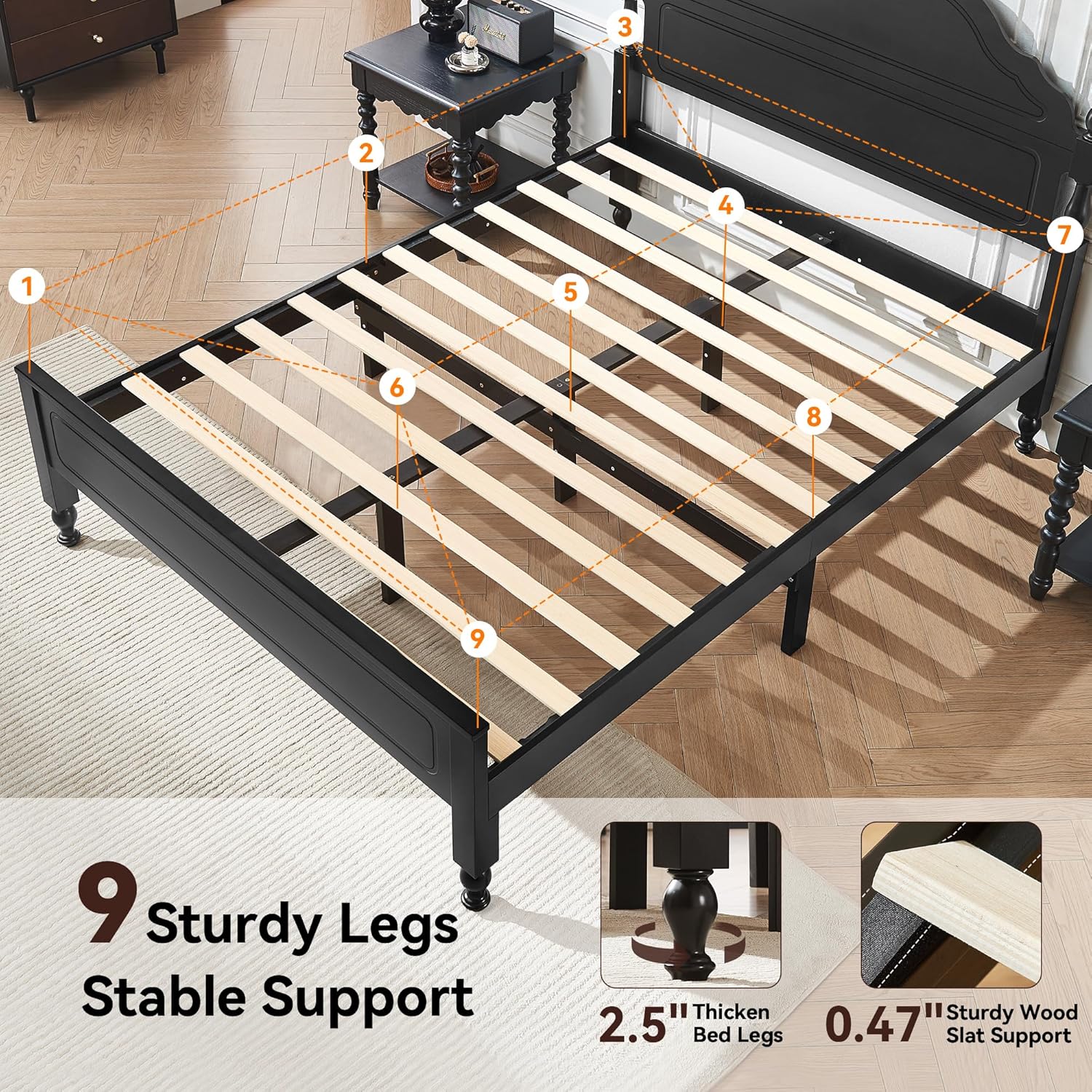 BedsPick Wood Bed Frame Queen Size, Wooden Retro Style Queen Bed Frame with Headboard and Footboard, Heavy Duty Bed Frame with 12 Wood Slats Support, No Box Spring Needed, Noise Free, Black