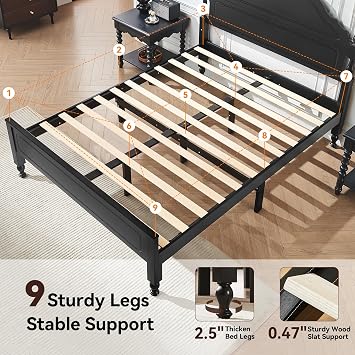 BedsPick Black Retro Style Wood Queen Bed Frame with 12 Wood Slats Support