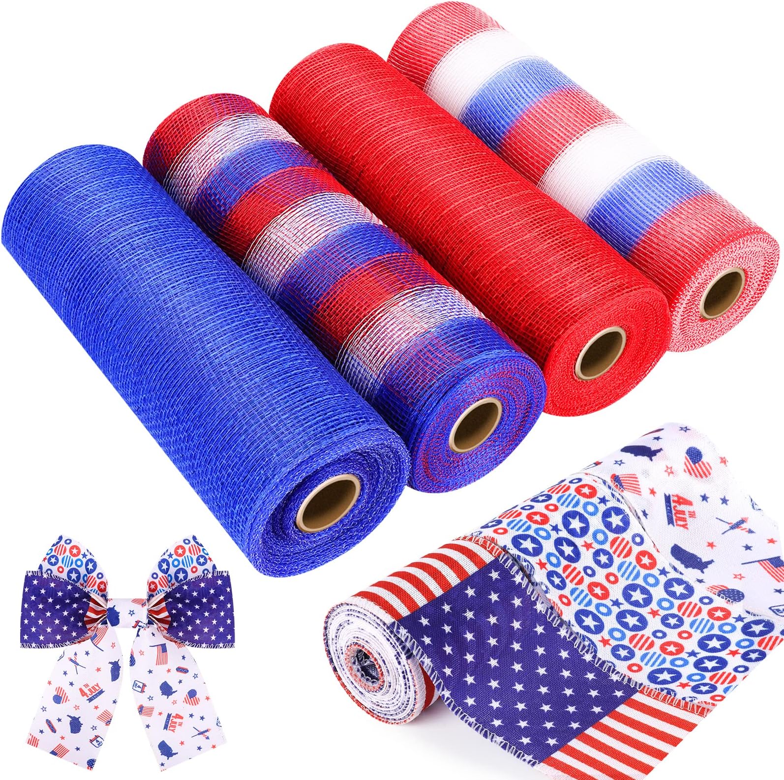 7 Rolls 10 Inch x 30 Ft Patriotic Mesh Ribbons Metallic Foil Mesh Ribbon Independence Day Wired Edge Ribbons 4th of July Decor Mesh Ribbon DIY Crafts Wreath Wrapping Decorations Supplies