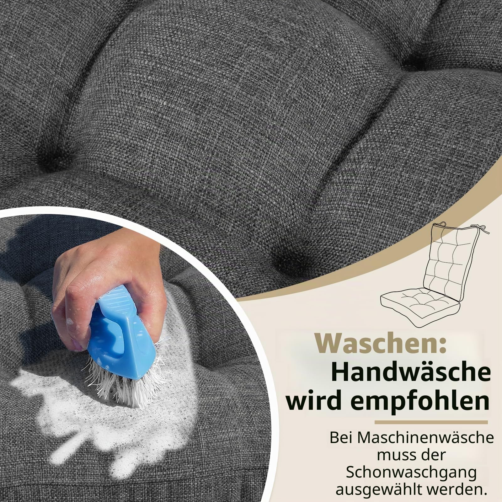 BUYUE Stuhlkissen-Set für Schaukelstuhl, Rückenkissen & Sitzkissen mit Bändern, original gewebte, rutschfeste Stuhlpolster für ältere Menschen, dunkelgrau